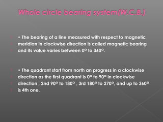  • The bearing of a line measured with respect to magnetic
 meridian in clockwise direction is called magnetic bearing
 and its value varies between 0 to 360 .ᴼ ᴼ
 • The quadrant start from north an progress in a clockwise
 direction as the first quadrant is 0 to 90 in clockwiseᴼ ᴼ
 direction , 2nd 90 to 180 , 3rd 180 to 270 , and up to 360ᴼ ᴼ ᴼ ᴼ ᴼ
 is 4th one.
 