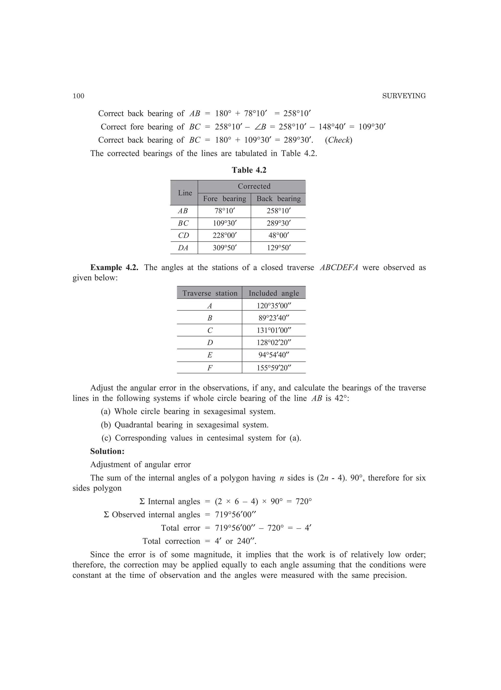 100 SURVEYING
Correct back bearing of AB = 180° + 78°10′ = 258°10′
Correct fore bearing of BC = 258°10′ – ∠B = 258°10′ – 148°40′ = 109°30′
Correct back bearing of BC = 180° + 109°30′ = 289°30′. (Check)
The corrected bearings of the lines are tabulated in Table 4.2.
Table 4.2
Line
Corrected
Fore bearing Back bearing
AB 78°10′ 258°10′
BC 109°30′ 289°30′
CD 228°00′ 48°00′
DA 309°50′ 129°50′
Example 4.2. The angles at the stations of a closed traverse ABCDEFA were observed as
given below:
Traverse station Included angle
A 120°35′00′′
B 89°23′40′′
C 131°01′00′′
D 128°02′20′′
E 94°54′40′′
F 155°59′20′′
Adjust the angular error in the observations, if any, and calculate the bearings of the traverse
lines in the following systems if whole circle bearing of the line AB is 42°:
(a) Whole circle bearing in sexagesimal system.
(b) Quadrantal bearing in sexagesimal system.
(c) Corresponding values in centesimal system for (a).
Solution:
Adjustment of angular error
The sum of the internal angles of a polygon having n sides is (2n - 4). 90°, therefore for six
sides polygon
Σ Internal angles = (2 × 6 – 4) × 90° = 720°
Σ Observed internal angles = 719°56′00′′
Total error = 719°56′00′′ – 720° = – 4′
Total correction = 4′ or 240′′.
Since the error is of some magnitude, it implies that the work is of relatively low order;
therefore, the correction may be applied equally to each angle assuming that the conditions were
constant at the time of observation and the angles were measured with the same precision.
 