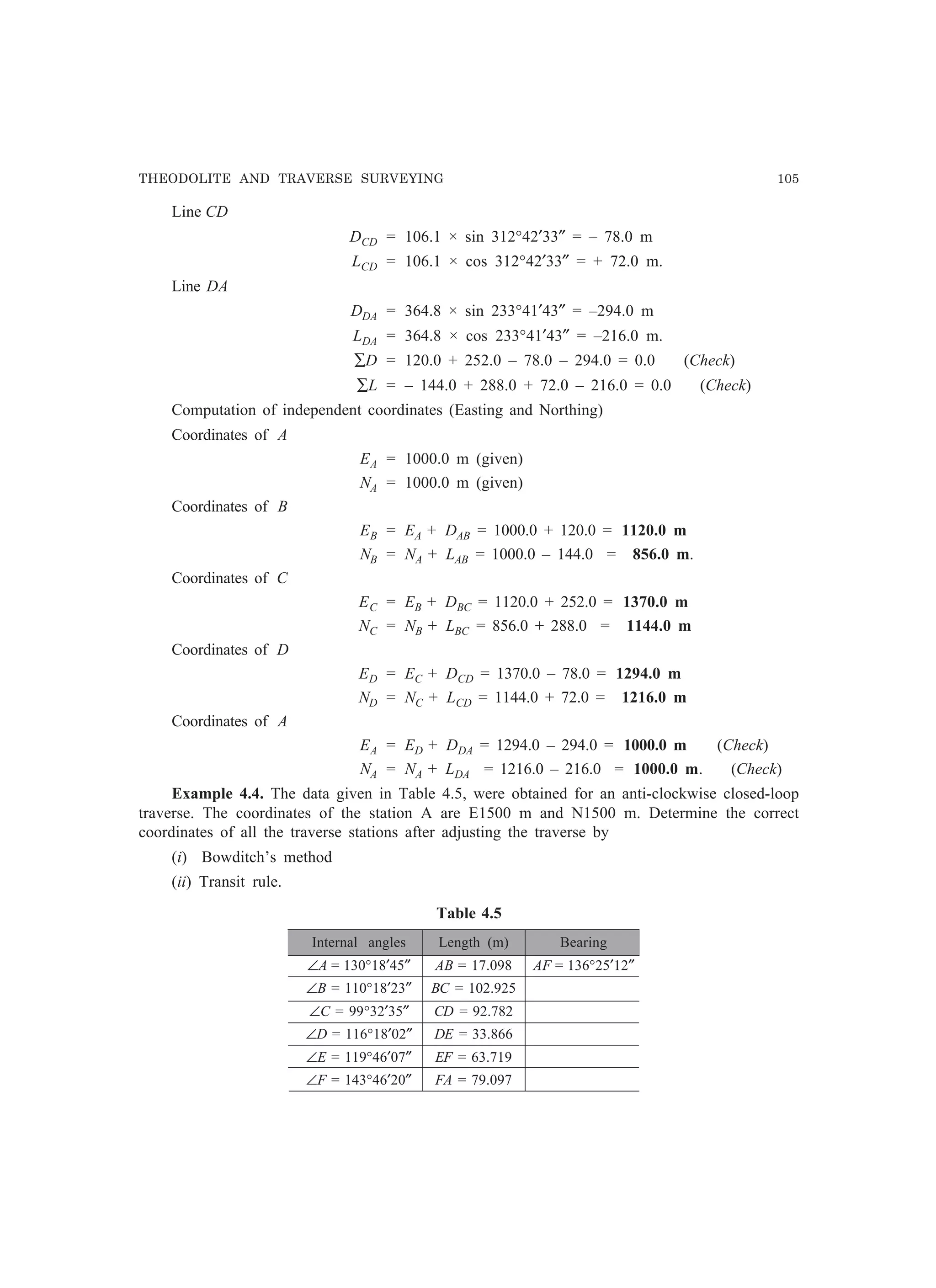 THEODOLITE AND TRAVERSE SURVEYING 105
Line CD
DCD = 106.1 × sin 312°42′33″ = – 78.0 m
LCD = 106.1 × cos 312°42′33″ = + 72.0 m.
Line DA
DDA = 364.8 × sin 233°41′43″ = –294.0 m
LDA = 364.8 × cos 233°41′43″ = –216.0 m.
∑D = 120.0 + 252.0 – 78.0 – 294.0 = 0.0 (Check)
∑L = – 144.0 + 288.0 + 72.0 – 216.0 = 0.0 (Check)
Computation of independent coordinates (Easting and Northing)
Coordinates of A
EA = 1000.0 m (given)
NA = 1000.0 m (given)
Coordinates of B
EB = EA + DAB = 1000.0 + 120.0 = 1120.0 m
NB = NA + LAB = 1000.0 – 144.0 = 856.0 m.
Coordinates of C
EC = EB + DBC = 1120.0 + 252.0 = 1370.0 m
NC = NB + LBC = 856.0 + 288.0 = 1144.0 m
Coordinates of D
ED = EC + DCD = 1370.0 – 78.0 = 1294.0 m
ND = NC + LCD = 1144.0 + 72.0 = 1216.0 m
Coordinates of A
EA = ED + DDA = 1294.0 – 294.0 = 1000.0 m (Check)
NA = NA + LDA = 1216.0 – 216.0 = 1000.0 m. (Check)
Example 4.4. The data given in Table 4.5, were obtained for an anti-clockwise closed-loop
traverse. The coordinates of the station A are E1500 m and N1500 m. Determine the correct
coordinates of all the traverse stations after adjusting the traverse by
(i) Bowditch’s method
(ii) Transit rule.
Table 4.5
Internal angles Length (m) Bearing
∠A = 130°18′45″ AB = 17.098 AF = 136°25′12″
∠B = 110°18′23″ BC = 102.925
∠C = 99°32′35″ CD = 92.782
∠D = 116°18′02″ DE = 33.866
∠E = 119°46′07″ EF = 63.719
∠F = 143°46′20″ FA = 79.097
 