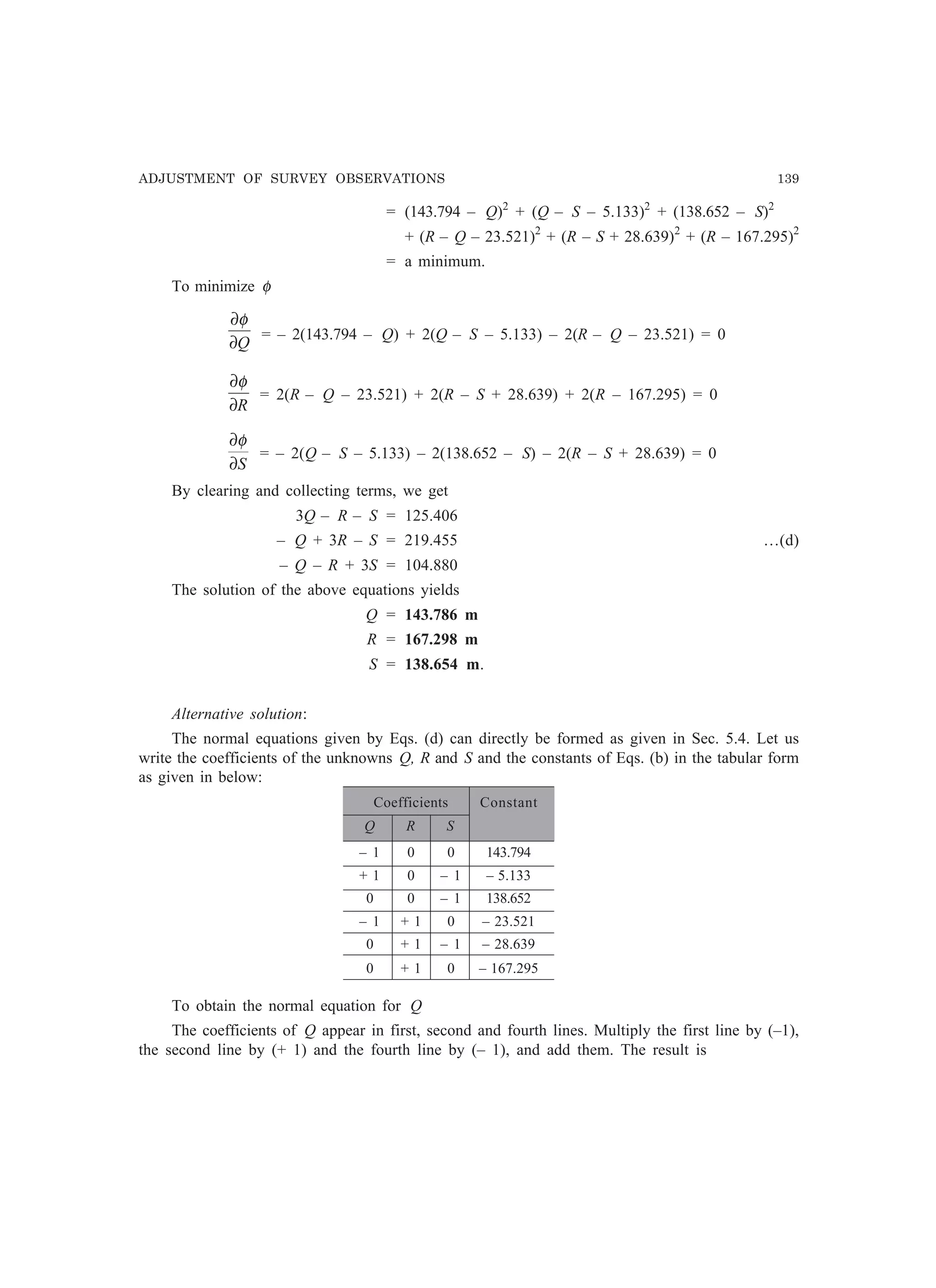 ADJUSTMENT OF SURVEY OBSERVATIONS 139
= (143.794 – Q)2
+ (Q – S – 5.133)2
+ (138.652 – S)2
+ (R – Q – 23.521)2
+ (R – S + 28.639)2
+ (R – 167.295)2
= a minimum.
To minimize φ
Q∂
∂φ
= – 2(143.794 – Q) + 2(Q – S – 5.133) – 2(R – Q – 23.521) = 0
R∂
∂φ
= 2(R – Q – 23.521) + 2(R – S + 28.639) + 2(R – 167.295) = 0
S∂
∂φ
= – 2(Q – S – 5.133) – 2(138.652 – S) – 2(R – S + 28.639) = 0
By clearing and collecting terms, we get
3Q – R – S = 125.406
– Q + 3R – S = 219.455 …(d)
– Q – R + 3S = 104.880
The solution of the above equations yields
Q = 143.786 m
R = 167.298 m
S = 138.654 m.
Alternative solution:
The normal equations given by Eqs. (d) can directly be formed as given in Sec. 5.4. Let us
write the coefficients of the unknowns Q, R and S and the constants of Eqs. (b) in the tabular form
as given in below:
Coefficients Constant
Q R S
– 1 0 0 143.794
+ 1 0 – 1 – 5.133
0 0 – 1 138.652
– 1 + 1 0 – 23.521
0 + 1 – 1 – 28.639
0 + 1 0 – 167.295
To obtain the normal equation for Q
The coefficients of Q appear in first, second and fourth lines. Multiply the first line by (–1),
the second line by (+ 1) and the fourth line by (– 1), and add them. The result is
 
