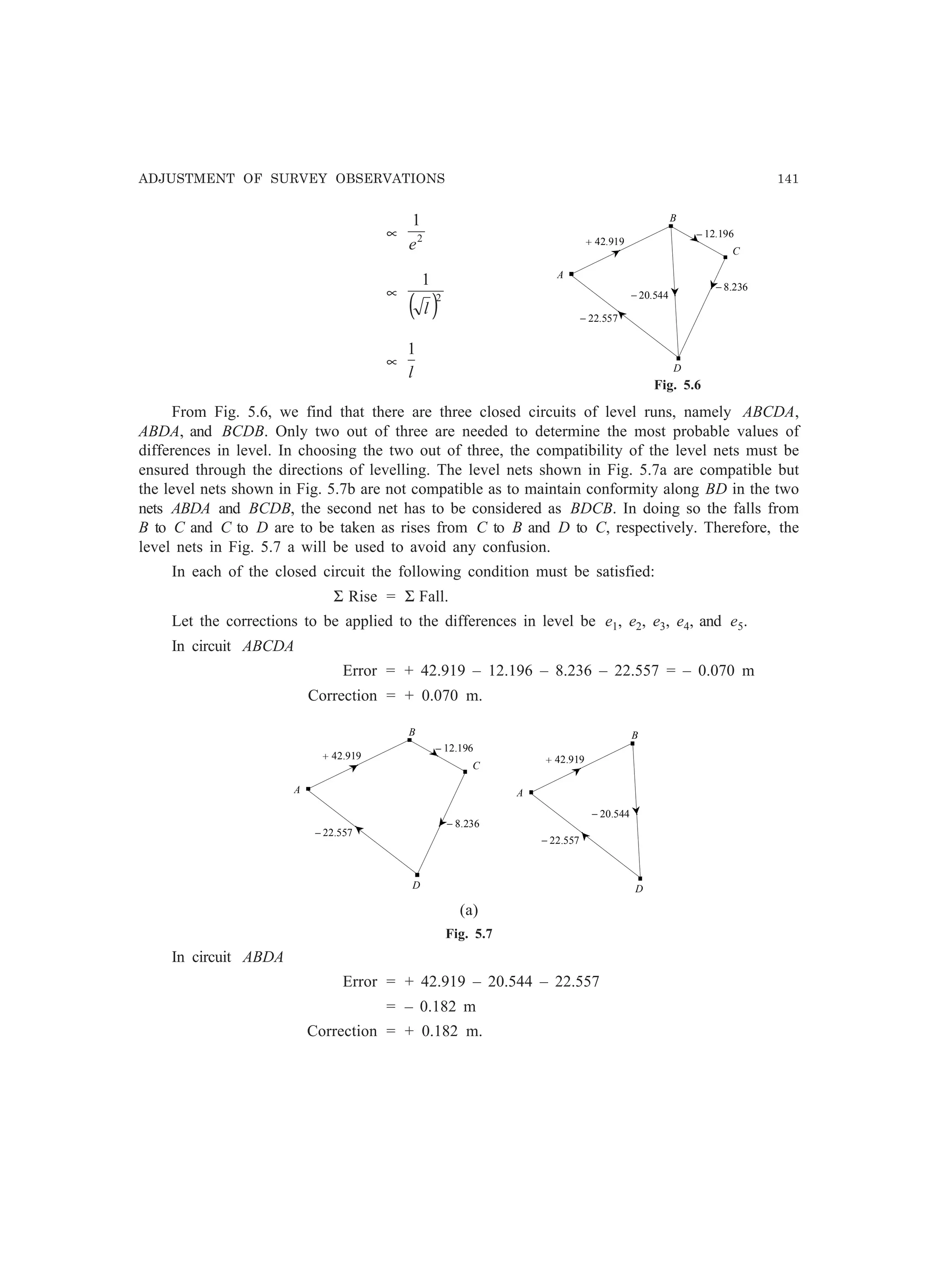 ADJUSTMENT OF SURVEY OBSERVATIONS 141
∝ 2
1
e
∝
( )2
1
l
∝
l
1
From Fig. 5.6, we find that there are three closed circuits of level runs, namely ABCDA,
ABDA, and BCDB. Only two out of three are needed to determine the most probable values of
differences in level. In choosing the two out of three, the compatibility of the level nets must be
ensured through the directions of levelling. The level nets shown in Fig. 5.7a are compatible but
the level nets shown in Fig. 5.7b are not compatible as to maintain conformity along BD in the two
nets ABDA and BCDB, the second net has to be considered as BDCB. In doing so the falls from
B to C and C to D are to be taken as rises from C to B and D to C, respectively. Therefore, the
level nets in Fig. 5.7 a will be used to avoid any confusion.
In each of the closed circuit the following condition must be satisfied:
Σ Rise = Σ Fall.
Let the corrections to be applied to the differences in level be e1, e2, e3, e4, and e5.
In circuit ABCDA
Error = + 42.919 – 12.196 – 8.236 – 22.557 = – 0.070 m
Correction = + 0.070 m.
B
A
C
D
+ 42.919
− 12.196
− 8.236
− 22.557
B
A
D
+ 42.919
− 22.557
− 20.544
(a)
Fig. 5.7
In circuit ABDA
Error = + 42.919 – 20.544 – 22.557
= – 0.182 m
Correction = + 0.182 m.
B
A
C
D
+ 42.919
− 12.196
− 8.236
− 22.557
− 20.544
Fig. 5.6
 