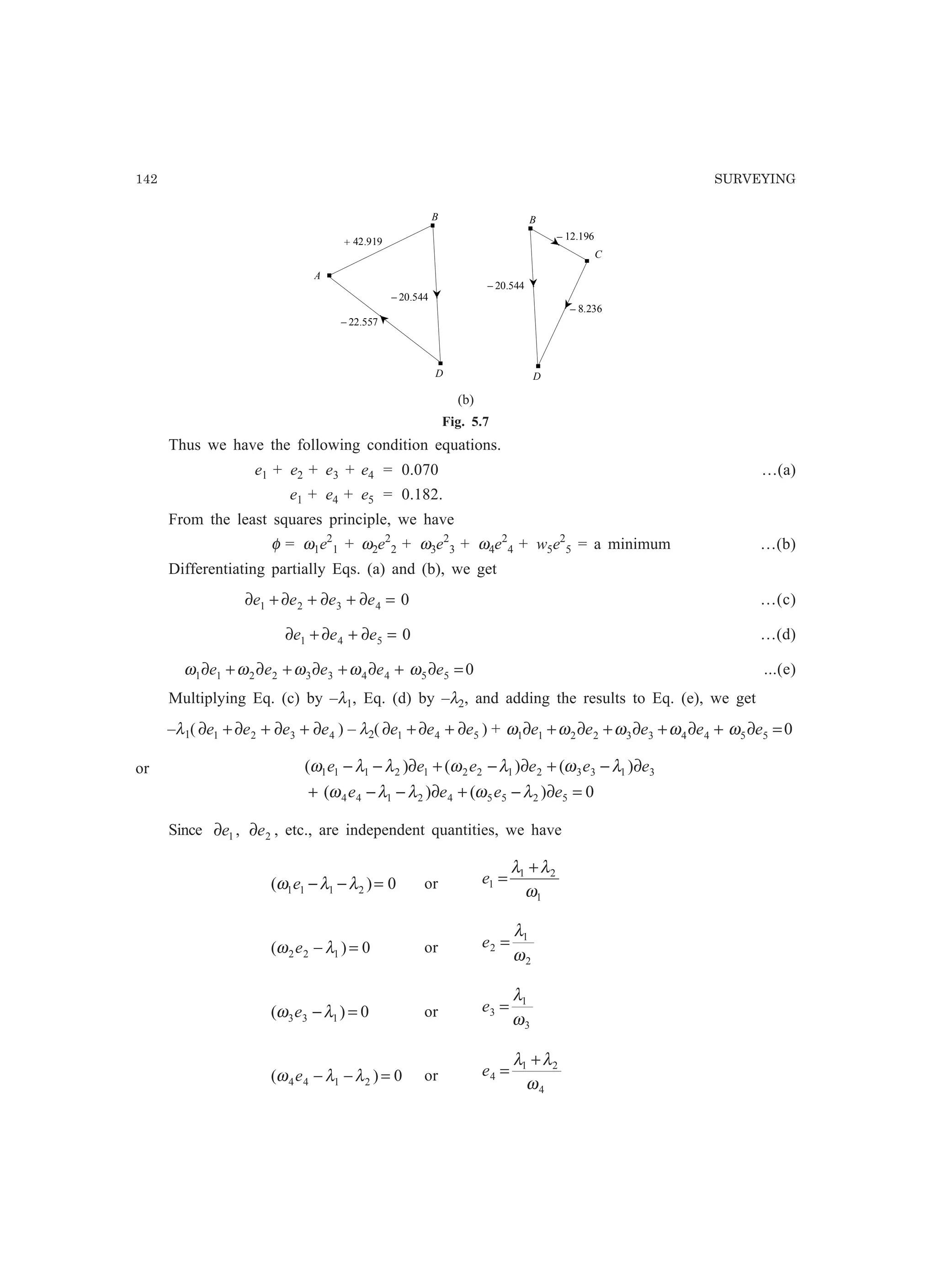 142 SURVEYING
B
C
D
− 12.196
− 8.236
B
A
D
+ 42.919
− 20.544
− 20.544
− 22.557
(b)
Fig. 5.7
Thus we have the following condition equations.
e1 + e2 + e3 + e4 = 0.070 …(a)
e1 + e4 + e5 = 0.182.
From the least squares principle, we have
φ = ω1e2
1 + ω2e2
2 + ω3e2
3 + ω4e2
4 + w5e2
5 = a minimum …(b)
Differentiating partially Eqs. (a) and (b), we get
04321 =∂+∂+∂+∂ eeee …(c)
0541 =∂+∂+∂ eee …(d)
05544332211 =∂+∂+∂+∂+∂ eeeee ωωωωω ...(e)
Multiplying Eq. (c) by –λ1, Eq. (d) by –λ2, and adding the results to Eq. (e), we get
–λ1( 4321 eeee ∂+∂+∂+∂ ) – λ2( 541 eee ∂+∂+∂ ) + 05544332211 =∂+∂+∂+∂+∂ eeeee ωωωωω
or
0)()(
)()()(
525542144
3133212212111
=∂−+∂−−+
∂−+∂−+∂−−
eeee
eeeeee
λωλλω
λωλωλλω
Since 1e∂ , 2e∂ , etc., are independent quantities, we have
0)( 2111 =−− λλω e or
1
21
1
ω
λλ +
=e
0)( 122 =− λω e or
2
1
2
ω
λ
=e
0)( 133 =−λω e or
3
1
3
ω
λ
=e
0)( 2144 =−− λλω e or
4
21
4
ω
λλ +
=e
 