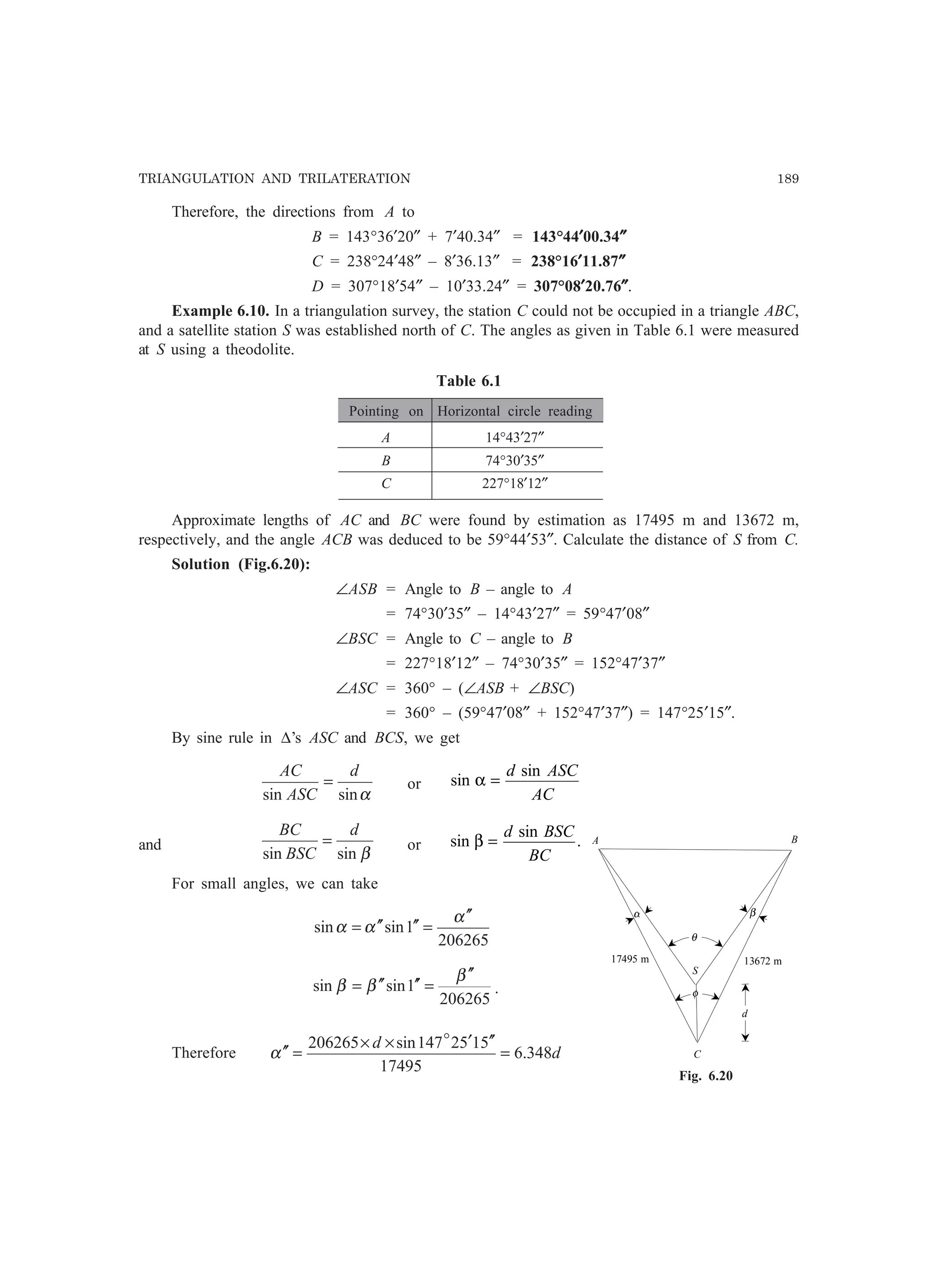 TRIANGULATION AND TRILATERATION 189
Therefore, the directions from A to
B = 143°36′20″ + 7′40.34″ = 143°44′′′′′00.34″″″″″
C = 238°24′48″ – 8′36.13″ = 238°16′′′′′11.87″″″″″
D = 307°18′54″ – 10′33.24″ = 307°08′′′′′20.76″″″″″.
Example 6.10. In a triangulation survey, the station C could not be occupied in a triangle ABC,
and a satellite station S was established north of C. The angles as given in Table 6.1 were measured
at S using a theodolite.
Table 6.1
Pointing on Horizontal circle reading
A 14°43′27″
B 74°30′35″
C 227°18′12″
Approximate lengths of AC and BC were found by estimation as 17495 m and 13672 m,
respectively, and the angle ACB was deduced to be 59°44′53″. Calculate the distance of S from C.
Solution (Fig.6.20):
∠ASB = Angle to B – angle to A
= 74°30′35″ – 14°43′27″ = 59°47′08″
∠BSC = Angle to C – angle to B
= 227°18′12″ – 74°30′35″ = 152°47′37″
∠ASC = 360° – (∠ASB + ∠BSC)
= 360° – (59°47′08″ + 152°47′37″) = 147°25′15″.
By sine rule in ∆’s ASC and BCS, we get
αsinsin
d
ASC
AC
= or sin
sin
α =
d ASC
AC
and
βsinsin
d
BSC
BC
= or sin
sin
.β =
d BSC
BC
For small angles, we can take
206265
1sinsin
α
αα
′′
=′′′′=
206265
1sinsin
β
ββ
′′
=′′′′= .
Therefore d
d
348.6
17495
5152147sin206265
=
′′′××
=′′
o
α
Fig. 6.20
13672 m
A
α
C
S
B
β
17495 m
θ
φ
d
 