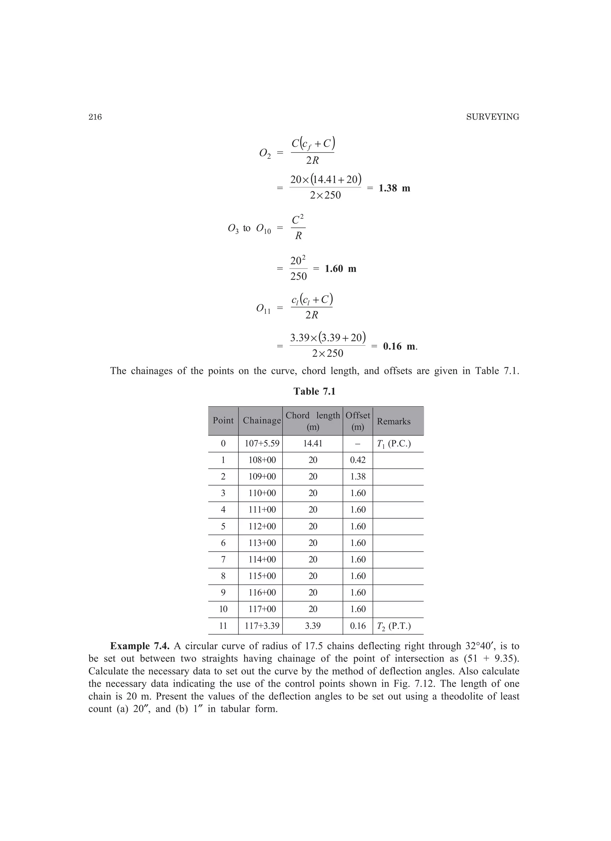 216 SURVEYING
O2 =
( )
R
CcC f
2
+
=
( )
2502
2041.1420
×
+×
= 1.38 m
O3 to O10 =
R
C2
=
250
202
= 1.60 m
O11 =
( )
R
Ccc ll
2
+
=
( )
2502
2039.339.3
×
+×
= 0.16 m.
The chainages of the points on the curve, chord length, and offsets are given in Table 7.1.
Table 7.1
Point Chainage
Chord length Offset
Remarks
(m) (m)
0 107+5.59 14.41 – T1 (P.C.)
1 108+00 20 0.42
2 109+00 20 1.38
3 110+00 20 1.60
4 111+00 20 1.60
5 112+00 20 1.60
6 113+00 20 1.60
7 114+00 20 1.60
8 115+00 20 1.60
9 116+00 20 1.60
10 117+00 20 1.60
11 117+3.39 3.39 0.16 T2 (P.T.)
Example 7.4. A circular curve of radius of 17.5 chains deflecting right through 32°40′, is to
be set out between two straights having chainage of the point of intersection as (51 + 9.35).
Calculate the necessary data to set out the curve by the method of deflection angles. Also calculate
the necessary data indicating the use of the control points shown in Fig. 7.12. The length of one
chain is 20 m. Present the values of the deflection angles to be set out using a theodolite of least
count (a) 20″, and (b) 1″ in tabular form.
 