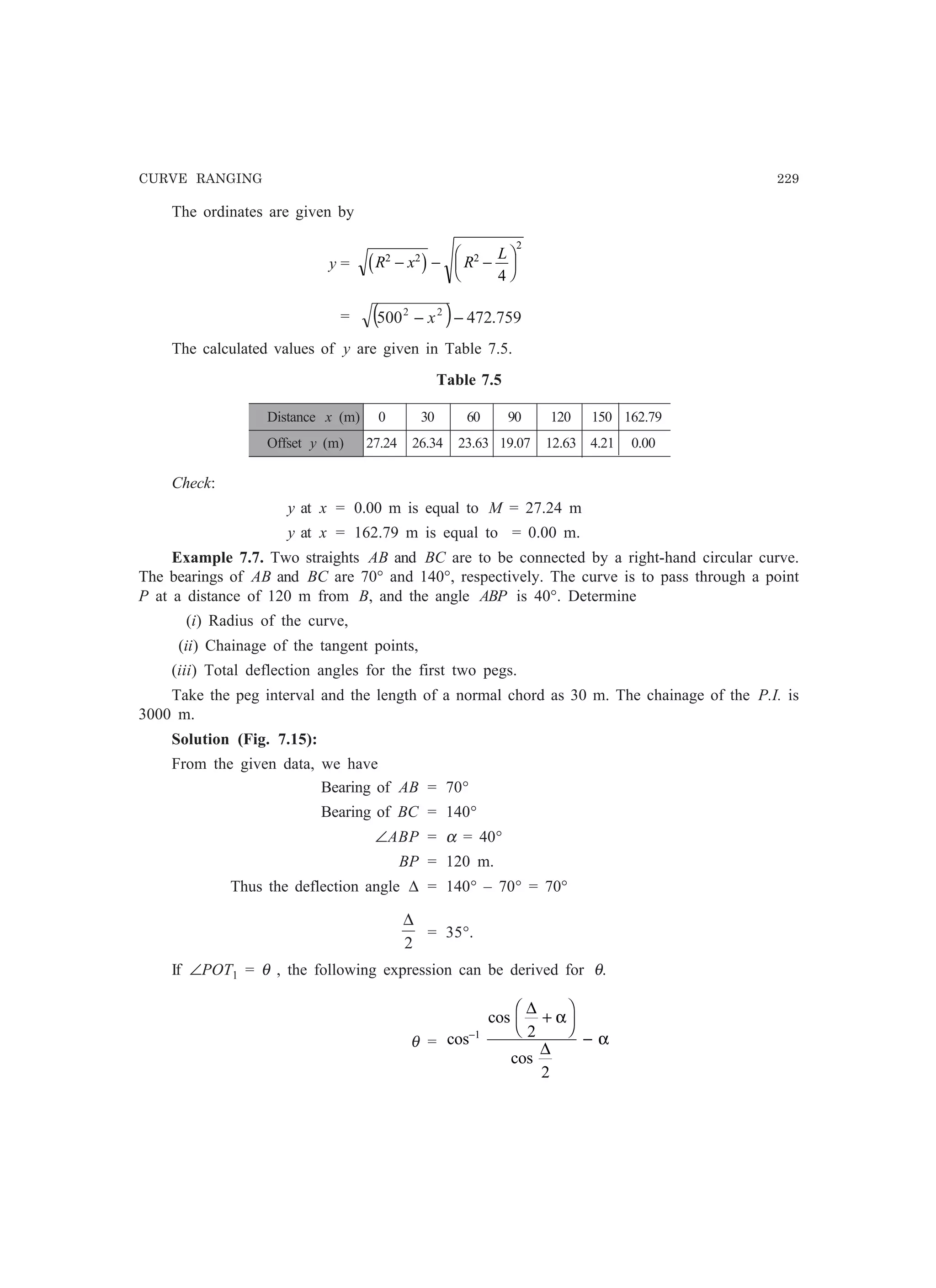 CURVE RANGING 229
The ordinates are given by
y = R x R
L2 2 2
2
4
− − −
F
HG I
KJc h
= ( ) 759.472500 22
−− x
The calculated values of y are given in Table 7.5.
Table 7.5
Distance x (m) 0 30 60 90 120 150 162.79
Offset y (m) 27.24 26.34 23.63 19.07 12.63 4.21 0.00
Check:
y at x = 0.00 m is equal to M = 27.24 m
y at x = 162.79 m is equal to = 0.00 m.
Example 7.7. Two straights AB and BC are to be connected by a right-hand circular curve.
The bearings of AB and BC are 70° and 140°, respectively. The curve is to pass through a point
P at a distance of 120 m from B, and the angle ABP is 40°. Determine
(i) Radius of the curve,
(ii) Chainage of the tangent points,
(iii) Total deflection angles for the first two pegs.
Take the peg interval and the length of a normal chord as 30 m. The chainage of the P.I. is
3000 m.
Solution (Fig. 7.15):
From the given data, we have
Bearing of AB = 70°
Bearing of BC = 140°
∠ABP = α = 40°
BP = 120 m.
Thus the deflection angle ∆ = 140° – 70° = 70°
2
∆
= 35°.
If ∠POT1 = θ , the following expression can be derived for θ.
θ = cos
cos
cos
−
+
F
H
I
K −1 2
2
∆
∆
α
α
 
