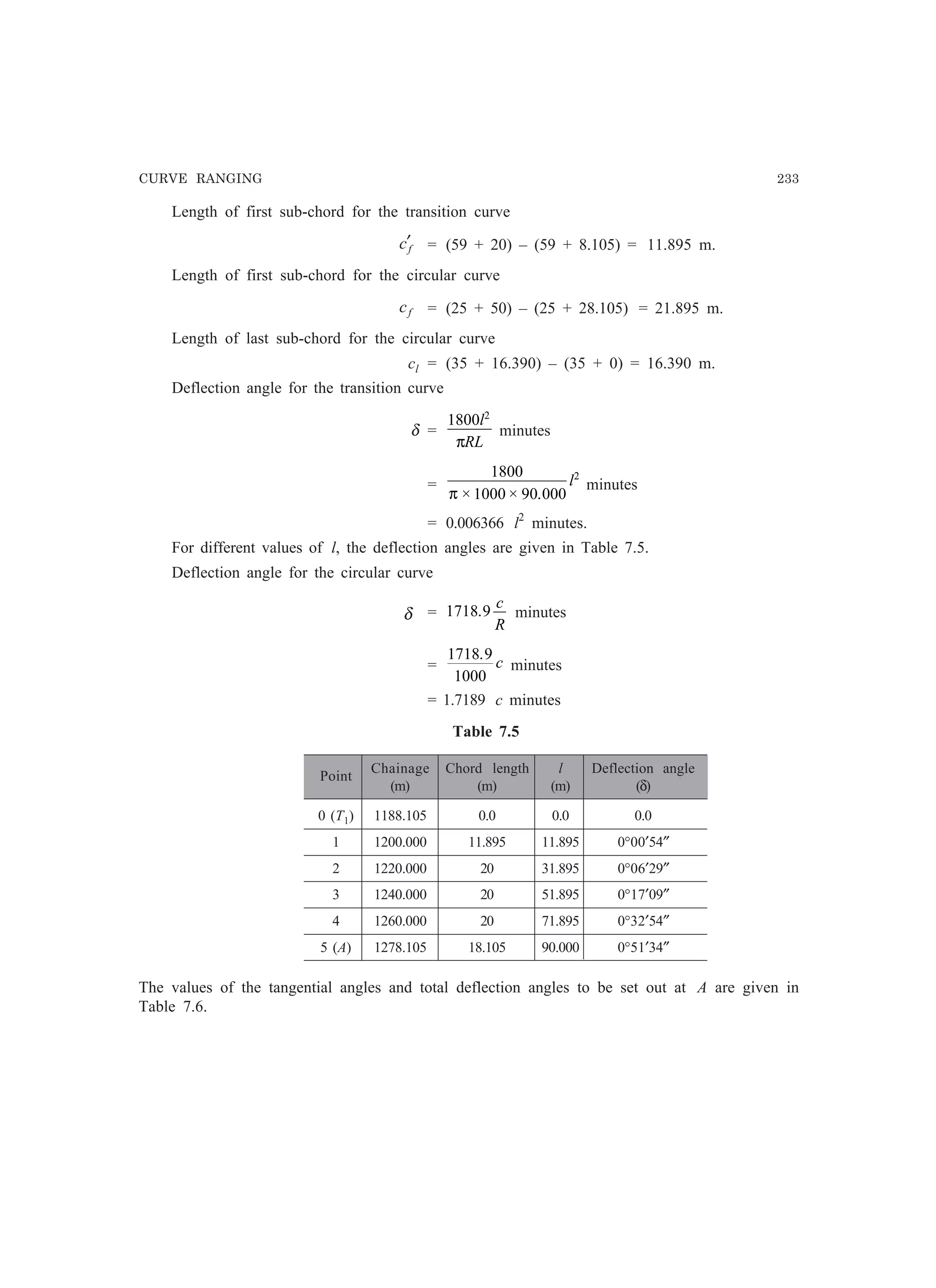 CURVE RANGING 233
Length of first sub-chord for the transition curve
fc′ = (59 + 20) – (59 + 8.105) = 11.895 m.
Length of first sub-chord for the circular curve
fc = (25 + 50) – (25 + 28.105) = 21.895 m.
Length of last sub-chord for the circular curve
cl = (35 + 16.390) – (35 + 0) = 16.390 m.
Deflection angle for the transition curve
δ =
1800 2
l
RLπ
minutes
=
1800
1000 90 000
2
π × × .
l minutes
= 0.006366 l2
minutes.
For different values of l, the deflection angles are given in Table 7.5.
Deflection angle for the circular curve
δ = 1718 9.
c
R
minutes
=
1718 9
1000
.
c minutes
= 1.7189 c minutes
Table 7.5
Point
Chainage Chord length l Deflection angle
(m) (m) (m) (δ)
0 (T1) 1188.105 0.0 0.0 0.0
1 1200.000 11.895 11.895 0°00′54″
2 1220.000 20 31.895 0°06′29″
3 1240.000 20 51.895 0°17′09″
4 1260.000 20 71.895 0°32′54″
5 (A) 1278.105 18.105 90.000 0°51′34″
The values of the tangential angles and total deflection angles to be set out at A are given in
Table 7.6.
 