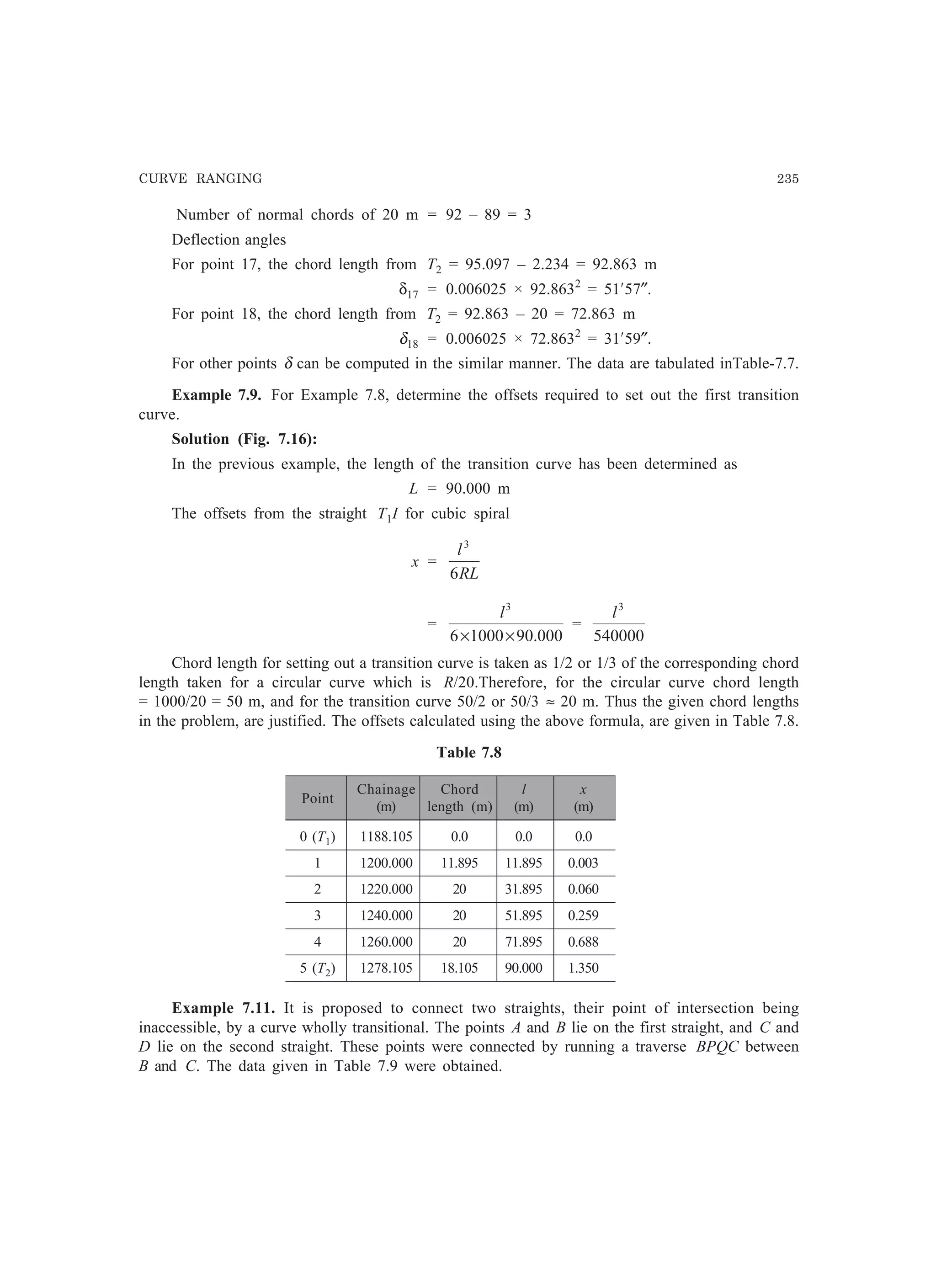CURVE RANGING 235
Number of normal chords of 20 m = 92 – 89 = 3
Deflection angles
For point 17, the chord length from T2 = 95.097 – 2.234 = 92.863 m
δ17 = 0.006025 × 92.8632
= 51¢57″.
For point 18, the chord length from T2 = 92.863 – 20 = 72.863 m
δ18 = 0.006025 × 72.8632
= 31¢59″.
For other points δ can be computed in the similar manner. The data are tabulated inTable-7.7.
Example 7.9. For Example 7.8, determine the offsets required to set out the first transition
curve.
Solution (Fig. 7.16):
In the previous example, the length of the transition curve has been determined as
L = 90.000 m
The offsets from the straight T1I for cubic spiral
x =
RL
l
6
3
=
000.9010006
3
××
l
=
540000
3
l
Chord length for setting out a transition curve is taken as 1/2 or 1/3 of the corresponding chord
length taken for a circular curve which is R/20.Therefore, for the circular curve chord length
= 1000/20 = 50 m, and for the transition curve 50/2 or 50/3 ≈ 20 m. Thus the given chord lengths
in the problem, are justified. The offsets calculated using the above formula, are given in Table 7.8.
Table 7.8
Point
Chainage Chord l x
(m) length (m) (m) (m)
0 (T1) 1188.105 0.0 0.0 0.0
1 1200.000 11.895 11.895 0.003
2 1220.000 20 31.895 0.060
3 1240.000 20 51.895 0.259
4 1260.000 20 71.895 0.688
5 (T2) 1278.105 18.105 90.000 1.350
Example 7.11. It is proposed to connect two straights, their point of intersection being
inaccessible, by a curve wholly transitional. The points A and B lie on the first straight, and C and
D lie on the second straight. These points were connected by running a traverse BPQC between
B and C. The data given in Table 7.9 were obtained.
 