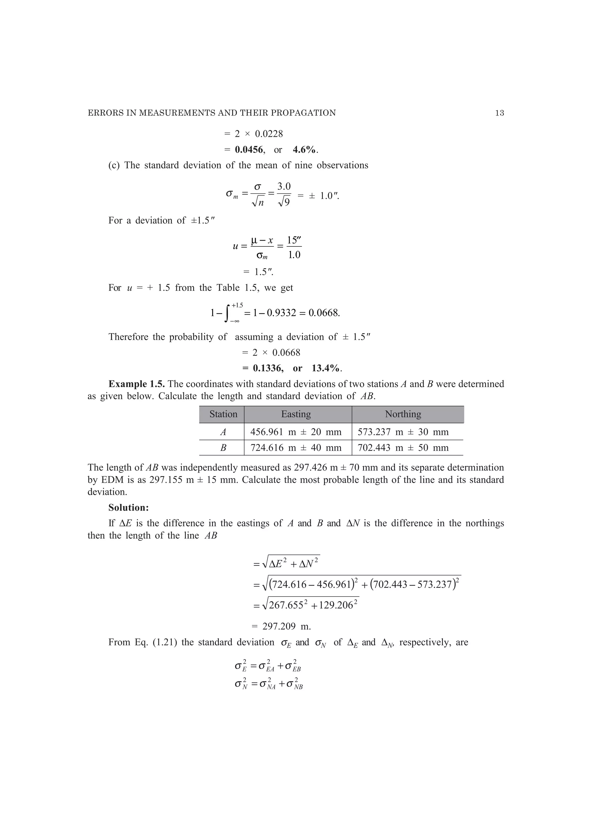 ERRORS IN MEASUREMENTS AND THEIR PROPAGATION 13
= 2 × 0.0228
= 0.0456, or 4.6%.
(c) The standard deviation of the mean of nine observations
9
0.3
==
n
m
σ
σ = ± 1.0.
For a deviation of ±1.5
u
x
m
=
−
= ′′µ
σ
15
1 0.
= 1.5.
For u = + 1.5 from the Table 1.5, we get
1 1 0 9332 0 0668
15
− = − =
−∞
+
z .
. . .
Therefore the probability of assuming a deviation of ± 1.5
= 2 × 0.0668
= 0.1336, or 13.4%.
Example 1.5. The coordinates with standard deviations of two stations A and B were determined
as given below. Calculate the length and standard deviation of AB.
Station Easting Northing
A 456.961 m ± 20 mm 573.237 m ± 30 mm
B 724.616 m ± 40 mm 702.443 m ± 50 mm
The length of AB was independently measured as 297.426 m ± 70 mm and its separate determination
by EDM is as 297.155 m ± 15 mm. Calculate the most probable length of the line and its standard
deviation.
Solution:
If ∆E is the difference in the eastings of A and B and ∆N is the difference in the northings
then the length of the line AB
( ) ( )
22
22
22
206.129655.267
237.573443.702961.456616.724
+=
−+−=
∆+∆= NE
= 297.209 m.
From Eq. (1.21) the standard deviation σE and σN of ∆E and ∆N, respectively, are
222
222
NBNAN
EBEAE
σσσ
σσσ
+=
+=
 