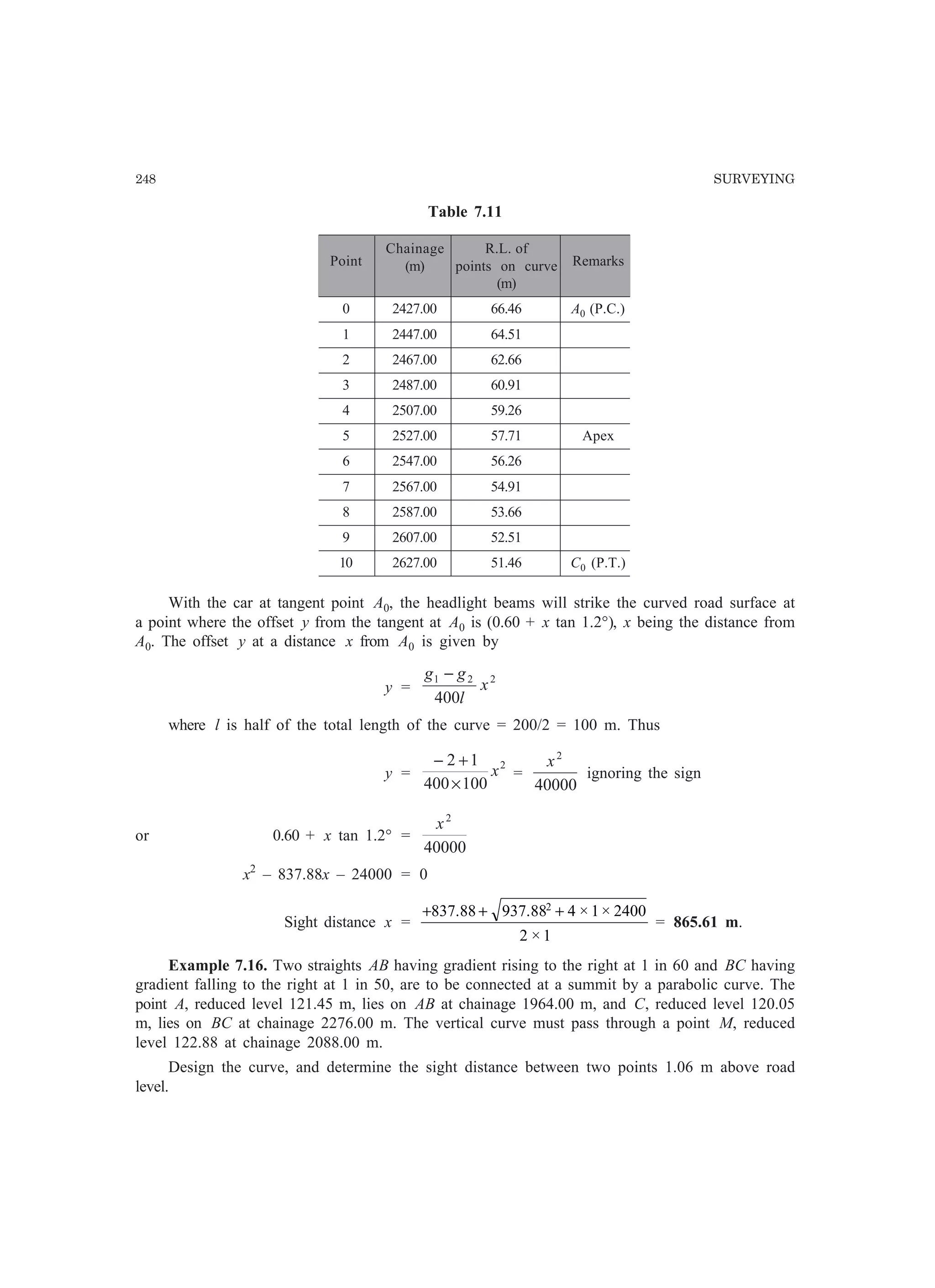 248 SURVEYING
Table 7.11
Point
Chainage R.L. of
Remarks(m) points on curve
(m)
0 2427.00 66.46 A0 (P.C.)
1 2447.00 64.51
2 2467.00 62.66
3 2487.00 60.91
4 2507.00 59.26
5 2527.00 57.71 Apex
6 2547.00 56.26
7 2567.00 54.91
8 2587.00 53.66
9 2607.00 52.51
10 2627.00 51.46 C0 (P.T.)
With the car at tangent point A0, the headlight beams will strike the curved road surface at
a point where the offset y from the tangent at A0 is (0.60 + x tan 1.2°), x being the distance from
A0. The offset y at a distance x from A0 is given by
y =
221
400
x
l
gg −
where l is half of the total length of the curve = 200/2 = 100 m. Thus
y =
2
100400
12
x
×
+−
=
40000
2
x
ignoring the sign
or 0.60 + x tan 1.2° =
40000
2
x
x2
– 837.88x – 24000 = 0
Sight distance x =
+ + +837 88 937 88 4 1 2400
2 1
2
. . × ×
×
= 865.61 m.
Example 7.16. Two straights AB having gradient rising to the right at 1 in 60 and BC having
gradient falling to the right at 1 in 50, are to be connected at a summit by a parabolic curve. The
point A, reduced level 121.45 m, lies on AB at chainage 1964.00 m, and C, reduced level 120.05
m, lies on BC at chainage 2276.00 m. The vertical curve must pass through a point M, reduced
level 122.88 at chainage 2088.00 m.
Design the curve, and determine the sight distance between two points 1.06 m above road
level.
 