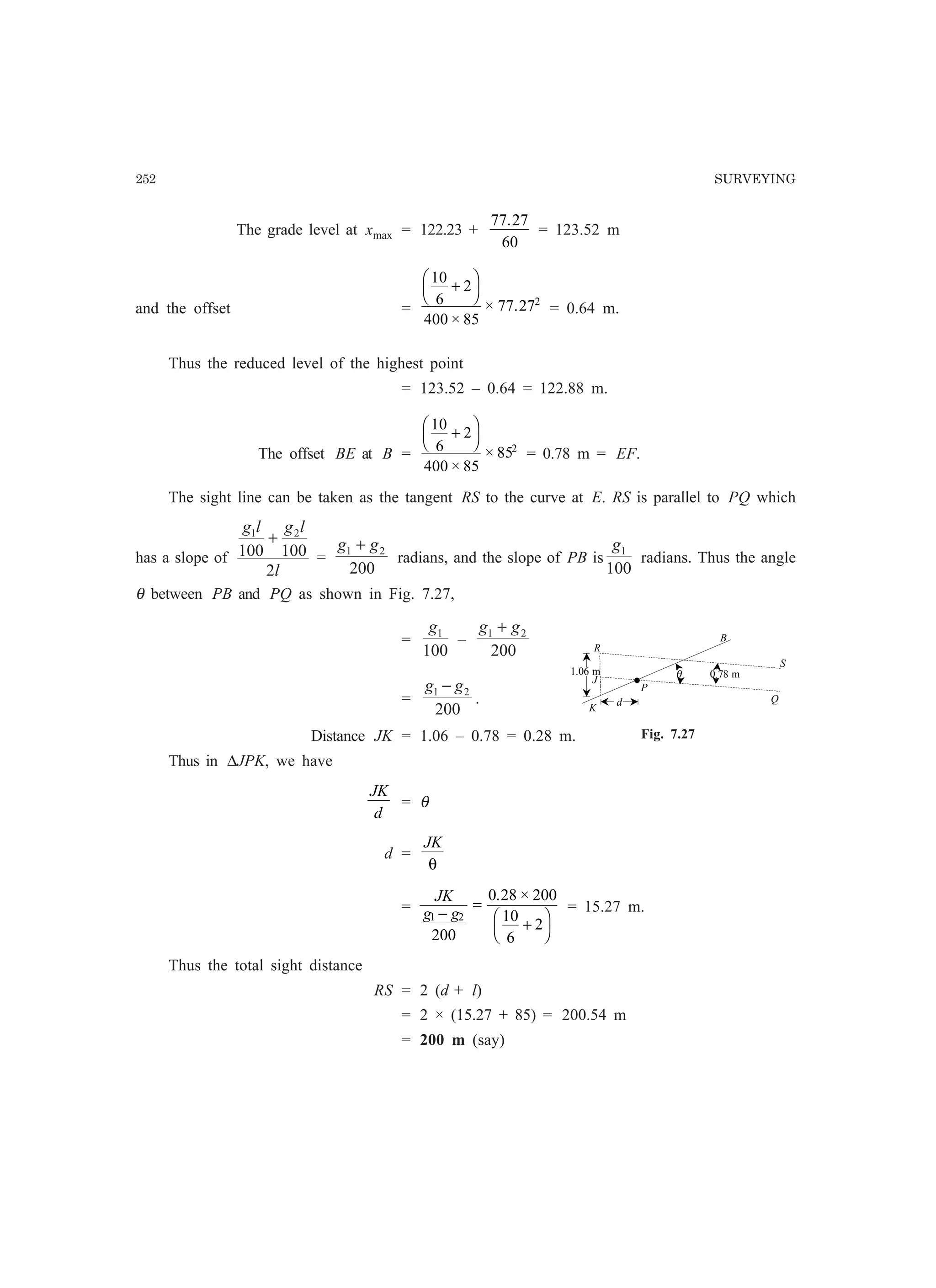 252 SURVEYING
The grade level at xmax = 122.23 +
77 27
60
.
= 123.52 m
and the offset =
10
6
2
400 85
77 272
+
F
H
I
K
×
× . = 0.64 m.
Thus the reduced level of the highest point
= 123.52 – 0.64 = 122.88 m.
The offset BE at B =
10
6
2
400 85
852
+
F
H
I
K
×
× = 0.78 m = EF.
The sight line can be taken as the tangent RS to the curve at E. RS is parallel to PQ which
has a slope of
l
lglg
2
100100
21
+
=
200
21 gg +
radians, and the slope of PB is
100
1g
radians. Thus the angle
θ between PB and PQ as shown in Fig. 7.27,
=
100
1g
–
200
21 gg +
=
200
21 gg −
.
Distance JK = 1.06 – 0.78 = 0.28 m.
Thus in ∆JPK, we have
JK
d
= θ
d =
JK
θ
=
JK
g g1 2
200
0 28 200
10
6
2
−
=
+
F
H
I
K
. ×
= 15.27 m.
Thus the total sight distance
RS = 2 (d + l)
= 2 × (15.27 + 85) = 200.54 m
= 200 m (say)
P
B
K
J
Q
R
S
• θ1.06 m 0.78 m
d
Fig. 7.27
 