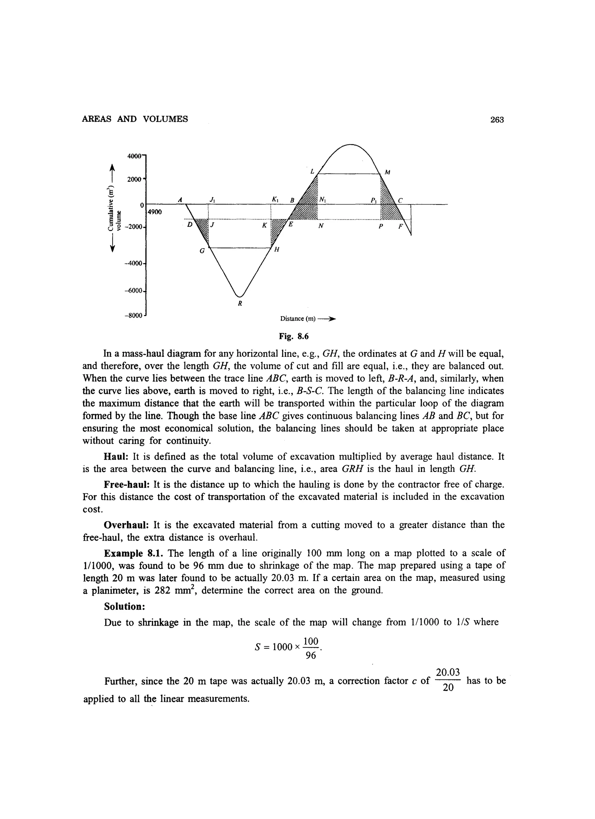 AREAS AND VOLUMES 263
R
-8000 Distance (m) --..
Fig. 8.6
In a mass-haul diagram for any horizontal line, e.g., GH, the ordinates at G and H will be equal,
and therefore, over the length GH, the volume of cut and fill are equal, i.e., they are balanced out.
When the curve lies between the trace line ABC, earth is moved to left, B-R-A, and, similarly, when
the curve lies above, earth is moved to right, i.e., B-S-C. The length of the balancing line indicates
the maximum distance that the earth will be transported within the particular loop of the diagram
formed by the line. Though the base line ABC gives continuous balancing lines AB and BC, but for
ensuring the most economical solution, the balancing lines should be taken at appropriate place
without caring for continuity.
Haul: It is defined as the total volume of excavation multiplied by average haul distance. It
is the area between the curve and balancing line, i.e., area GRH is the haul in length GH
Free-haul: It is the distance up to which the hauling is done by the contractor free of charge.
For this distance the cost of transportation of the excavated material is included in the excavation
cost.
Overhaul: It is the excavated material from a cutting moved to a greater distance than the
free-haul, the extra distance is overhaul.
Example 8.1. The length of a line originally 100 mm long on a map plotted to a scale of
111000, was found to be 96 mm due to shrinkage of the map. The map prepared using a tape of
length 20 m was later found to be actually 20.03 m. If a certain area on the map, measured using
a planimeter, is 282 mm2
, determine the correct area on the ground.
Solution:
Due to shrinkage in the map, the scale of the map will change from 111000 to liS where
S = 1000 x 100.
96
20.03
Further, since the 20 m tape was actually 20.03 m, a correction factor c of 20 has to be
applied to all th.e linear measurements.
 