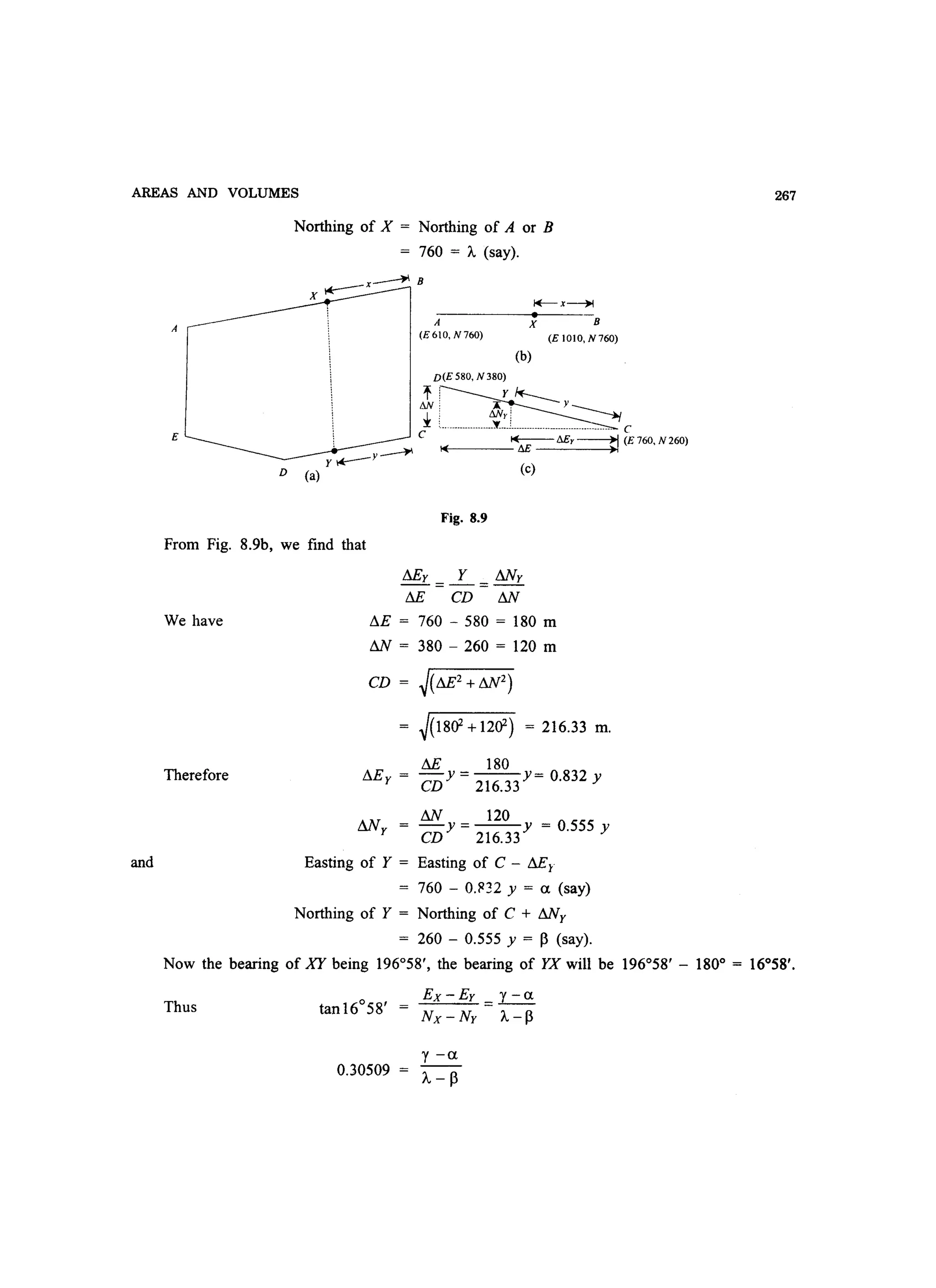 AREAS AND VOLUMES
and
A
E
Northing of X = Northing of A or B
= 760 = 'A. (say).
X
~_X~B
A
(E61O, N760) (E 100, N 760)
(b)
Fig. 8.9
From Fig. 8.9b, we find that
We have
Therefore
My Y Mly
--=-=--
M CD MI
!1E = 760 - 580 = 180 m
MI = 380 - 260 = 120 m
CD = ~(M2+Ml2)
~(18Q2 +12Q2) = 216.33 m.
M 180
!1Ey = CDY = 216.33 Y = 0.832 Y
MI 120
Mly = CDY = 216.33Y = 0.555 Y
Easting of Y = Easting of C - My
= 760 - O.~32 Y = a (say)
Northing of Y = Northing of C + Mly
= 260 - 0.555 Y = P (say).
267
Now the bearing of XY being 196°58', the bearing of YX will be 196°58' - 180° = 16°58'.
Thus
Ex-Ey y-a
tanI6°58' = =--
Nx-Ny 'A.-P
0.30509
y -a
),,-p
 