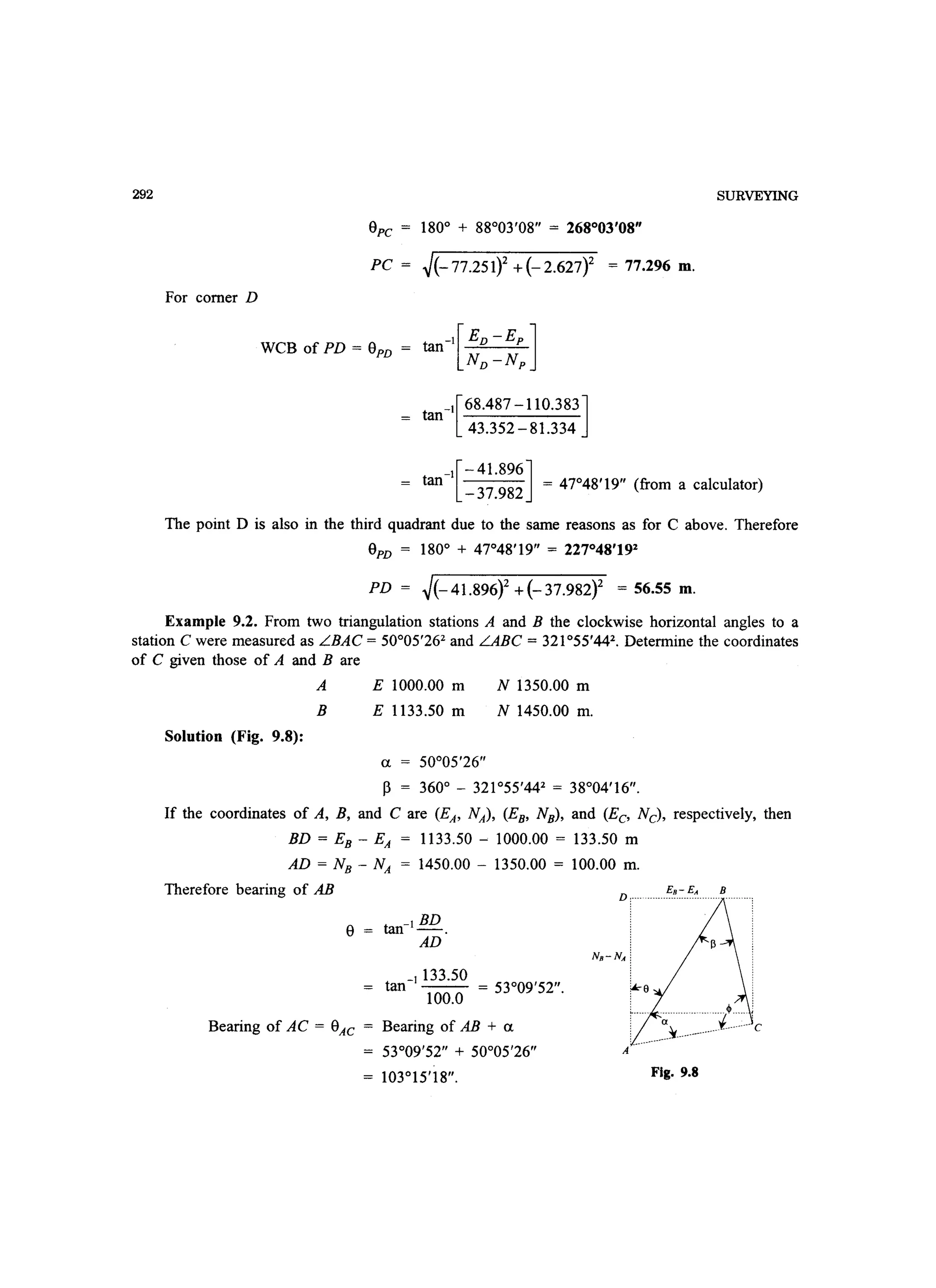 292
For corner D
apc = 180° + 88°03'08 = 268°03'08
PC = ~(-77.251Y +(- 2.627Y = 77.296 m.
WCB of PD = apD
_1[68.487 -110.383]tan
43.352 - 81.334
SURVEYING
_1[-41.896]
= tan = 47°48'19 (from a calculator)
-37.982
The point D is also in the third quadrant due to the same reasons as for C above. Therefore
aPD = 180° + 47°48'19 = 227°48'192
PD = ~(-41.896)2 +(-37.982Y = 56.55 m.
Example 9.2. From two triangulation stations A and B the clockwise horizontal angles to a
station C were measured as LBAC = 50°05'262
and LABC = 321°55'442
• Determine the coordinates
of C given those of A and Bare
A E 1000.00 m N 1350.00 m
B E 1133.50 m N 1450.00 m.
Solution (Fig. 9.8):
a 50°05'26
P 360° - 321°55'442
= 38°04'16.
If the coordinates of A, B, and Care (EA' NA), (EB' NB), and (Eo Nd, respectively, then
BD = EB - EA 1133.50 - 1000.00 = 133.50 m
AD = NB - NA
Therefore bearing of AB
1450.00 - 1350.00 = 100.00 m.
a tan-I BD.
AD
_1133.50
tan = 53°09'52.
100.0
Bearing of AC = aAC = Bearing of AB + a
53°09'52 + 50°05'26
D:----
0..._.
A
--c
Fig. 9.8
 