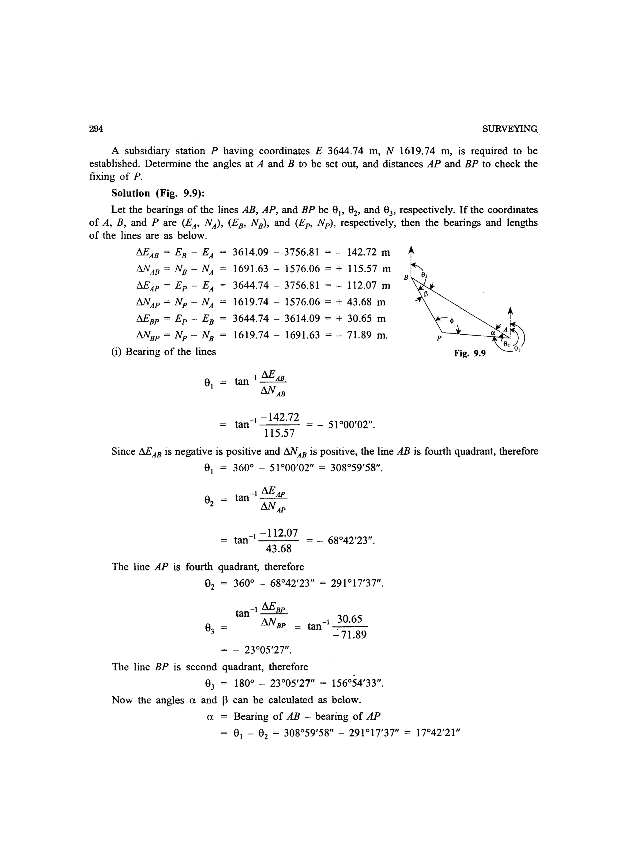 294 SURVEYING:
A subsidiary station P having coordinates E 3644.74 m, N 1619.74 m, is required to be
established. Determine the angles at A and B to be set out, and distances AP and BP to check the
fixing of P.
Solution (Fig. 9.9):
Let the bearings of the lines AB, AP, and BP be 8), 82, and 83, respectively. If the coordinates
of A, B, and Pare (EA' NA), (EB' NB), and (Ep, N p), respectively, then the bearings and lengths
of the lines are as below.
MAB = EB - EA
MAB = NB - NA
3614.09 - 3756.81 = - 142.72 m
1691.63 - 1576.06 = + 115.57 m
MAP = Ep - EA 3644.74 - 3756.81 = - 112.07 m
MAP = Np - NA 1619.74 - 1576.06 = + 43.68 m
M BP = Ep - EB 3644.74 - 3614.09 = + 30.65 m
M BP = Np - NB 1619.74 - 1691.63 = - 71.89 m.
B
(i) Bearing of the lines Fig. 9.9
tan-I -142.72 = _ 51000'02.
115.57
Since MAB is negative is positive and MAB is positive, the line AB is fourth quadrant, therefore
8) 360° - 51 °00'02 = 308°59'58.
t
-I !lEAP
an - -
tlNAP
tan-I-112.07 = _ 68042'23.
43.68
The line AP is fourth quadrant, therefore
02 = 360° - 68°42'23 = 291°17'37.
tan-t !lEBP
tlNBP
= - 23°05'27.
_I 30.65
tan -:',--
-71.89
The line BP is second quadrant, therefore
83 = 180° - 23°05'27 = 156°54'33.
Now the angles a and p can be calculated as below.
a Bearing of AB -, bearing of AP
= 8) - 82 = 308°59'58 - 291°17'37 = 17°42'21
 