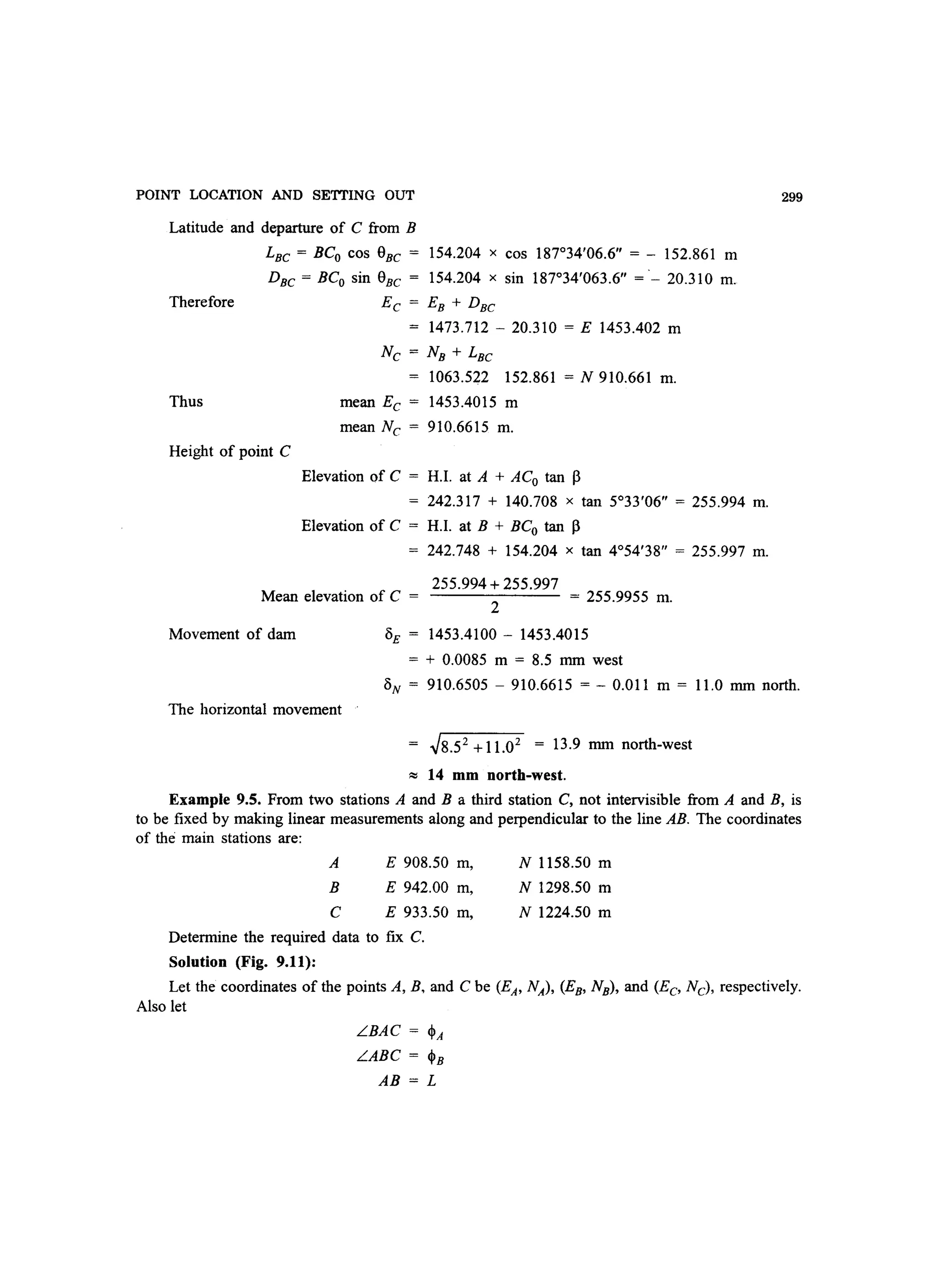 POINT LOCATION AND SETTING OUT
Latitude and departure of C from B
Therefore
Thus
LBe = BCo cos eBe = 154.204 x cos 187°34'06.6 = - 152.861 m
DBe = BCo sin eBe = 154.204 x sin 187°34'063.6 ='- 20.3lO m.
Ee = EB + DBe
= 1473.712 - 20.310 = E 1453.402 m
Ne = NB + LBe
1063.522 152.861 = N 9lO.661 m.
mean Ee = 1453.4015 m
mean Nc = 910.6615 m.
Height of point C
Elevation of C = H.1. at A + ACo tan p
242.317 + 140.708 x tan 5°33'06 = 255.994 m.
Elevation of C = H.1. at B + BCo tan P
242.748 + 154.204 x tan 4°54'38 = 255.997 m.
255.994 + 255.997
Mean elevation of C =
2
= 255.9955 m.
Movement of dam 0E = 1453.4100 - 1453.4015
= + 0.0085 m = 8.5 mm west
299
ON = 910.6505 - 9lO.6615 = - 0.011 m = 11.0 mm north.
The horizontal movement
~8.52 +11.02 = 13.9 mm north-west
::::: 14 mm north-west.
Example 9.S. From two stations A and B a third station C, not intervisible from A and B, is
to be fixed by making linear measurements along and perpendicular to the line AB. The coordinates
of the main stations are:
A
B
C
E 908.50 m,
E 942.00 m,
E 933.50 m,
Determine the required data to fix C.
Solution (Fig. 9.11):
N 1158.50 m
N 1298.50 m
N 1224.50 m
Let the coordinates of the points A, B, and C be (EA' NA), (EB' NB), and (Eo Nc), respectively.
Also let
LBAC = ~A
LABC = ~B
AB = L
 