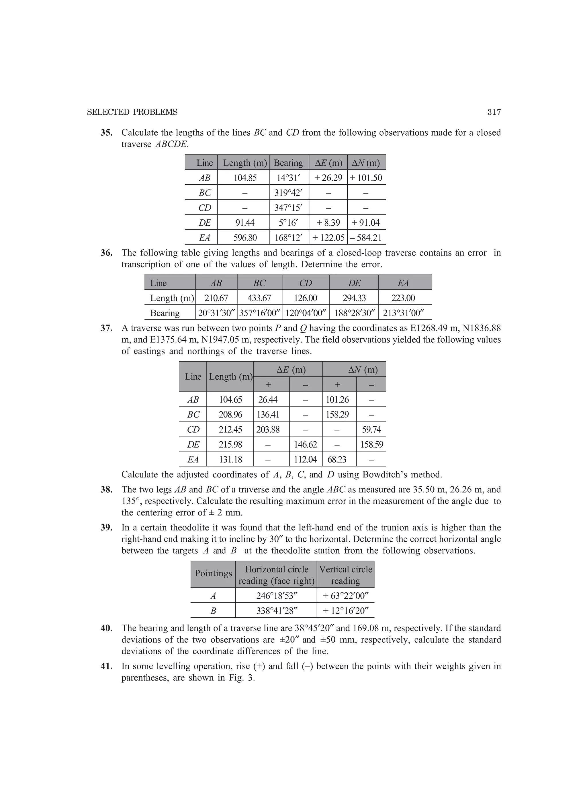 SELECTED PROBLEMS 317
35. Calculate the lengths of the lines BC and CD from the following observations made for a closed
traverse ABCDE.
Line Length (m) Bearing ∆E (m) ∆N (m)
AB 104.85 14°31′ + 26.29 + 101.50
BC – 319°42′ – –
CD – 347°15′ – –
DE 91.44 5°16′ + 8.39 + 91.04
EA 596.80 168°12′ + 122.05 – 584.21
36. The following table giving lengths and bearings of a closed-loop traverse contains an error in
transcription of one of the values of length. Determine the error.
Line AB BC CD DE EA
Length (m) 210.67 433.67 126.00 294.33 223.00
Bearing 20°31′30″ 357°16′00″ 120°04′00″ 188°28′30″ 213°31′00″
37. A traverse was run between two points P and Q having the coordinates as E1268.49 m, N1836.88
m, and E1375.64 m, N1947.05 m, respectively. The field observations yielded the following values
of eastings and northings of the traverse lines.
Line Length (m)
∆E (m) ∆N (m)
+ – + –
AB 104.65 26.44 – 101.26 –
BC 208.96 136.41 – 158.29 –
CD 212.45 203.88 – – 59.74
DE 215.98 – 146.62 – 158.59
EA 131.18 – 112.04 68.23 –
Calculate the adjusted coordinates of A, B, C, and D using Bowditch’s method.
38. The two legs AB and BC of a traverse and the angle ABC as measured are 35.50 m, 26.26 m, and
135°, respectively. Calculate the resulting maximum error in the measurement of the angle due to
the centering error of ± 2 mm.
39. In a certain theodolite it was found that the left-hand end of the trunion axis is higher than the
right-hand end making it to incline by 30″ to the horizontal. Determine the correct horizontal angle
between the targets A and B at the theodolite station from the following observations.
Pointings Horizontal circle Vertical circle
reading (face right) reading
A 246°18′53″ + 63°22′00″
B 338°41′28″ + 12°16′20″
40. The bearing and length of a traverse line are 38°45′20″ and 169.08 m, respectively. If the standard
deviations of the two observations are ±20″ and ±50 mm, respectively, calculate the standard
deviations of the coordinate differences of the line.
41. In some levelling operation, rise (+) and fall (–) between the points with their weights given in
parentheses, are shown in Fig. 3.
 