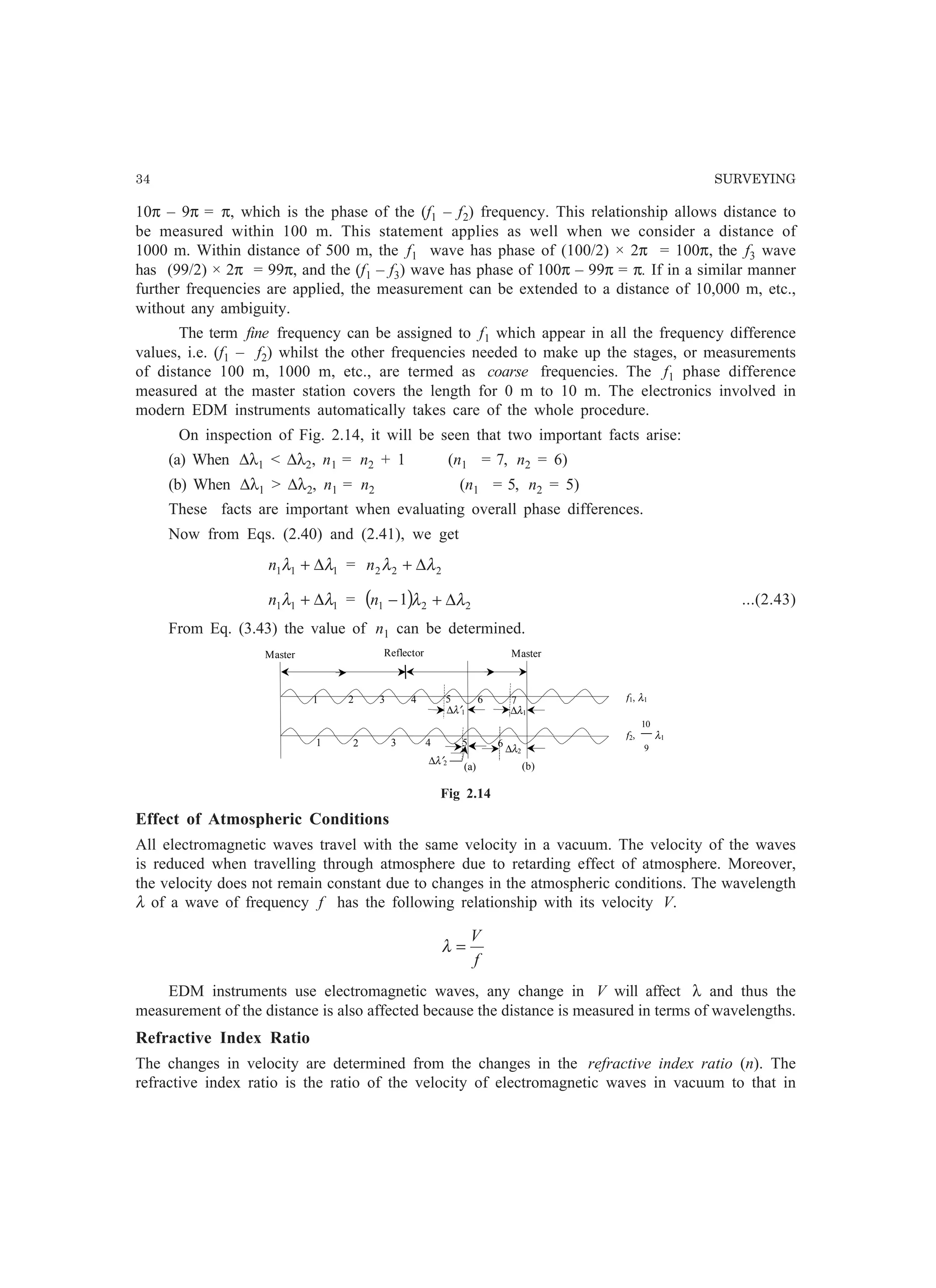 34 SURVEYING
10π – 9π = π, which is the phase of the (f1 – f2) frequency. This relationship allows distance to
be measured within 100 m. This statement applies as well when we consider a distance of
1000 m. Within distance of 500 m, the f1 wave has phase of (100/2) × 2π = 100π, the f3 wave
has (99/2) × 2π = 99π, and the (f1 – f3) wave has phase of 100π – 99π = π. If in a similar manner
further frequencies are applied, the measurement can be extended to a distance of 10,000 m, etc.,
without any ambiguity.
The term fine frequency can be assigned to f1 which appear in all the frequency difference
values, i.e. (f1 – f2) whilst the other frequencies needed to make up the stages, or measurements
of distance 100 m, 1000 m, etc., are termed as coarse frequencies. The f1 phase difference
measured at the master station covers the length for 0 m to 10 m. The electronics involved in
modern EDM instruments automatically takes care of the whole procedure.
On inspection of Fig. 2.14, it will be seen that two important facts arise:
(a) When ∆λ1  ∆λ2, n1 = n2 + 1 (n1 = 7, n2 = 6)
(b) When ∆λ1  ∆λ2, n1 = n2 (n1 = 5, n2 = 5)
These facts are important when evaluating overall phase differences.
Now from Eqs. (2.40) and (2.41), we get
111 λλ ∆+n = 222 λλ ∆+n
111 λλ ∆+n = ( ) 221 1 λλ ∆+−n ...(2.43)
From Eq. (3.43) the value of n1 can be determined.
Fig 2.14
Effect of Atmospheric Conditions
All electromagnetic waves travel with the same velocity in a vacuum. The velocity of the waves
is reduced when travelling through atmosphere due to retarding effect of atmosphere. Moreover,
the velocity does not remain constant due to changes in the atmospheric conditions. The wavelength
λ of a wave of frequency f has the following relationship with its velocity V.
f
V
=λ
EDM instruments use electromagnetic waves, any change in V will affect λ and thus the
measurement of the distance is also affected because the distance is measured in terms of wavelengths.
Refractive Index Ratio
The changes in velocity are determined from the changes in the refractive index ratio (n). The
refractive index ratio is the ratio of the velocity of electromagnetic waves in vacuum to that in
1 2 3 4 5 6
1 2 3 4 5 6 7
∆λ′2
∆λ2
∆λ1∆λ′1
Master MasterReflector
f1, λ1
f2,
9
10
λ1
(a) (b)
 