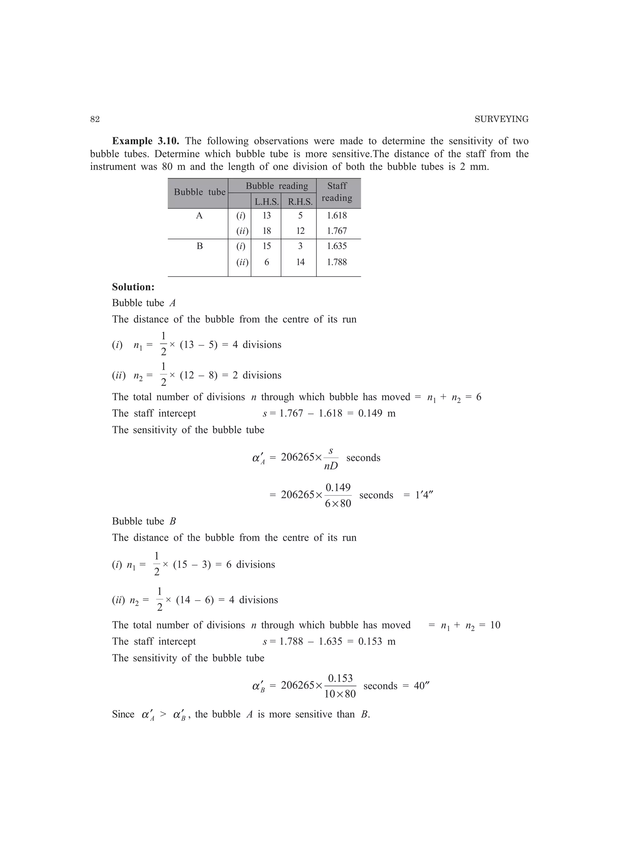 82 SURVEYING
Example 3.10. The following observations were made to determine the sensitivity of two
bubble tubes. Determine which bubble tube is more sensitive.The distance of the staff from the
instrument was 80 m and the length of one division of both the bubble tubes is 2 mm.
Bubble tube
Bubble reading Staff
L.H.S. R.H.S. reading
A (i) 13 5 1.618
(ii) 18 12 1.767
B (i) 15 3 1.635
(ii) 6 14 1.788
Solution:
Bubble tube A
The distance of the bubble from the centre of its run
(i) n1 =
2
1
× (13 – 5) = 4 divisions
(ii) n2 =
2
1
× (12 – 8) = 2 divisions
The total number of divisions n through which bubble has moved = n1 + n2 = 6
The staff intercept s = 1.767 – 1.618 = 0.149 m
The sensitivity of the bubble tube
Aα′ =
nD
s
×206265 seconds
=
806
149.0
206265
×
× seconds = 1′4″
Bubble tube B
The distance of the bubble from the centre of its run
(i) n1 =
2
1
× (15 – 3) = 6 divisions
(ii) n2 =
2
1
× (14 – 6) = 4 divisions
The total number of divisions n through which bubble has moved = n1 + n2 = 10
The staff intercept s = 1.788 – 1.635 = 0.153 m
The sensitivity of the bubble tube
Bα′ =
8010
153.0
206265
×
× seconds = 40″
Since Aα ′  Bα′ , the bubble A is more sensitive than B.
 