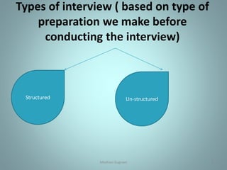 Types of interview ( based on type of
preparation we make before
conducting the interview)
Structured Un-structured
6Medhavi Gugnani
 