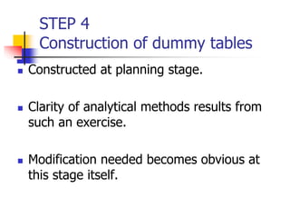 STEP 4
Construction of dummy tables
 Constructed at planning stage.
 Clarity of analytical methods results from
such an exercise.
 Modification needed becomes obvious at
this stage itself.
 