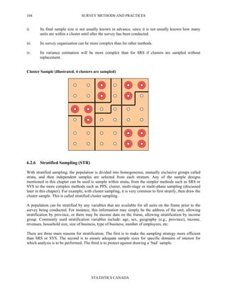 SURVEY METHODS AND PRACTICES
STATISTICS CANADA
104
ii. Its final sample size is not usually known in advance, since it is not usually known how many
units are within a cluster until after the survey has been conducted.
iii. Its survey organisation can be more complex than for other methods.
iv. Its variance estimation will be more complex than for SRS if clusters are sampled without
replacement.
Cluster Sample (illustrated, 4 clusters are sampled)
6.2.6 Stratified Sampling (STR)
With stratified sampling, the population is divided into homogeneous, mutually exclusive groups called
strata, and then independent samples are selected from each stratum. Any of the sample designs
mentioned in this chapter can be used to sample within strata, from the simpler methods such as SRS or
SYS to the more complex methods such as PPS, cluster, multi-stage or multi-phase sampling (discussed
later in this chapter). For example, with cluster sampling, it is very common to first stratify, then draw the
cluster sample. This is called stratified cluster sampling.
A population can be stratified by any variables that are available for all units on the frame prior to the
survey being conducted. For instance, this information may simply be the address of the unit, allowing
stratification by province, or there may be income data on the frame, allowing stratification by income
group. Commonly used stratification variables include: age, sex, geography (e.g., province), income,
revenues, household size, size of business, type of business, number of employees, etc.
There are three main reasons for stratification. The first is to make the sampling strategy more efficient
than SRS or SYS. The second is to ensure adequate sample sizes for specific domains of interest for
which analysis is to be performed. The third is to protect against drawing a ‘bad’ sample.
 