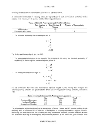 ESTIMATION
STATISTICS CANADA
127
auxiliary information was available that could be used for stratification.
In addition to information on smoking habits, the age and sex of each respondent is collected. Of the
original n=25 persons, nr=15 respond with the following distribution:
Table 4: SRS with Nonresponse and Post-Stratification
Post-Stratum 1,
Men
Post-Stratum 2,
Women
Number of Respondents
All Employees 3 12 15
Employees who Smoke 1 7 8
1. The inclusion probability for each sampled unit is:
32.0
78
25
=
=
=
N
n
π
The design weight therefore is wd=1/π=3.12.
2. The nonresponse adjustment factor, assuming that everyone in the survey has the same probability of
responding to the survey (i.e., one nonresponse group) is:
67.1
15
25
=
=
rn
n
3. The nonresponse adjusted weight is:
2.5
67.112.3
=
×=
=
r
dnr
n
n
ww
So, all respondents have the same nonresponse adjusted weight, wr=5.2. Using these weights, the
following survey estimates are generated (for details on how to generate survey estimates, see section
7.2):
Table 5: Survey Estimates with Nonresponse Adjustment
Men Women Total
Number of Employees 15.6 62.4 78.0
Number of Smokers 5.2 36.4 41.6
Proportion of Smokers 0.33 0.59 0.53
The nonresponse adjusted weights lead to an estimate of about 16 men and 62 women working in the
company, with an estimated 33% of men and 59% of women in the company smoking. Suppose that after
the survey has been conducted, the following auxiliary information becomes available: there are 42 men
and 36 women working in the company. The estimates produced by the survey are quite different from
 