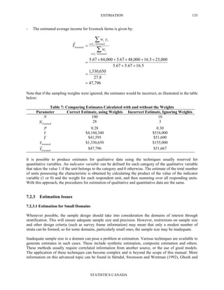 ESTIMATION
STATISTICS CANADA
135
- The estimated average income for livestock farms is given by:
796,47
8.27
650,330,1
5.1667.567.5
23,00016.548,0005.6784,0005.67
ˆ
=
=
++
×+×+×
=
=
∑
∑
∩∈
∩∈
livestockSi
i
i
livestockSi
i
livestock
r
r
w
yw
Y
Note that if the sampling weights were ignored, the estimates would be incorrect, as illustrated in the table
below:
Table 7: Comparing Estimates Calculated with and without the Weights
Parameter Correct Estimate, using Weights Incorrect Estimate, Ignoring Weights
N 100 10
livestockN 28 3
P 0.28 0.30
Y $4,160,340 $516,000
Y $41,595 $51,600
livestockY $1,330,650 $155,000
livestockY $47,796 $51,667
It is possible to produce estimates for qualitative data using the techniques usually reserved for
quantitative variables. An indicator variable can be defined for each category of the qualitative variable
that takes the value 1 if the unit belongs to the category and 0 otherwise. The estimate of the total number
of units possessing the characteristic is obtained by calculating the product of the value of the indicator
variable (1 or 0) and the weight for each respondent unit, and then summing over all responding units.
With this approach, the procedures for estimation of qualitative and quantitative data are the same.
7.2.3 Estimation Issues
7.2.3.1 Estimation for Small Domains
Whenever possible, the sample design should take into consideration the domains of interest through
stratification. This will ensure adequate sample size and precision. However, restrictions on sample size
and other design criteria (such as survey frame information) may mean that only a modest number of
strata can be formed, so for some domains, particularly small ones, the sample size may be inadequate.
Inadequate sample size in a domain can pose a problem at estimation. Various techniques are available to
generate estimates in such cases. These include synthetic estimation, composite estimation and others.
These methods usually require correlated information from another source, or the use of good models.
The application of these techniques can become complex and is beyond the scope of this manual. More
information on this advanced topic can be found in Särndal, Swensson and Wretman (1992), Ghosh and
 