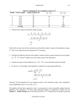 ESTIMATION
STATISTICS CANADA
139
Table 9: Calculating the True Sampling Variance of Yˆ
Sample Units in sample Sample Estimate ($),
Yˆ
)ˆ( YY − 2
)ˆ( YY −
1 (1,2) 15 -10 100
2 (1,3) 20 -5 25
3 (2,3) 25 0 0
4 (1,4) 25 0 0
5 (2,4) 30 5 25
6 (3,4) 35 10 100
Average 25 0 41.7
1. Calculate the average of all possible sample averages:
Y
YYYYYY
Y
=
=
+++++
=
+++++
=
25
6
353025252015
6
ˆˆˆˆˆˆ
ˆ )6()5()4()3()2()1(
Note that the average value of the estimate across all possible samples is equal to the population average,
Y . This is to be expected since the estimator for Yˆ is unbiased.
2. Calculate the difference between each sample’s estimate and the average estimate across all samples
(i.e., YYj −ˆ , for the jth
sample), seen in the fourth column of the table above.
3. Compute the square of these differences (i.e., 2
)ˆ( YYj − ), seen in the fifth column of the table.
4. For the set, J, of all samples in the population, compute the average squared difference:
7.41
6
100250025100
6
)ˆ(
)ˆ(
2
=
+++++
=
−
= ∑∈Jj
j YY
YVar
Therefore, for this population the true sampling variance of the estimated average video expenditures
from an SRSWOR of size n=2 is 7.41)ˆ( =YVar .
The problem with the above approach is that it is not practical to select all possible samples from the
population. One alternative is to select many replicated samples, as mentioned in section 6.2.9 of
Chapter 6 - Sample Designs and in the following section 7.3.4. Alternatively, the equation presented
 