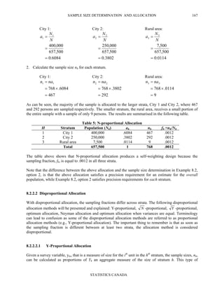 SAMPLE SIZE DETERMINATION AND ALLOCATION
STATISTICS CANADA
167
City 1: City 2: Rural area:
6084.0
500,657
000,400
1
1
=
=
=
N
N
a
3802.0
500,657
000,250
2
2
=
=
=
N
N
a
0114.0
500,657
500,7
3
3
=
=
=
N
N
a
2. Calculate the sample size nh for each stratum.
City 1: City 2: Rural area:
467
6084.768
11
=
×=
= nan
292
3802.768
22
=
×=
= nan
9
0114.768
33
=
×=
= nan
As can be seen, the majority of the sample is allocated to the larger strata, City 1 and City 2, where 467
and 292 persons are sampled respectively. The smaller stratum, the rural area, receives a small portion of
the entire sample with a sample of only 9 persons. The results are summarised in the following table.
Table 5: N-proportional Allocation
H Stratum Population (Nh) ah nh fh =nh/Nh
1 City 1 400,000 .6084 467 .0012
2 City 2 250,000 .3802 292 .0012
3 Rural area 7,500 .0114 9 .0012
Total 657,500 1 768 .0012
The table above shows that N-proportional allocation produces a self-weighting design because the
sampling fraction, fh, is equal to .0012 in all three strata.
Note that the difference between the above allocation and the sample size determination in Example 8.2,
option 2, is that the above allocation satisfies a precision requirement for an estimate for the overall
population, while Example 8.2, option 2 satisfies precision requirements for each stratum.
8.2.2.2 Disproportional Allocation
With disproportional allocation, the sampling fractions differ across strata. The following disproportional
allocation methods will be presented and explained: Y-proportional, N -proportional, Y -proportional,
optimum allocation, Neyman allocation and optimum allocation when variances are equal. Terminology
can lead to confusion as some of the disproportional allocation methods are referred to as proportional
allocation methods (e.g., Y-proportional allocation). The important thing to remember is that as soon as
the sampling fraction is different between at least two strata, the allocation method is considered
disproportional.
8.2.2.2.1 Y-Proportional Allocation
Given a survey variable, yhi, that is a measure of size for the ith
unit in the hth
stratum, the sample sizes, nh,
can be calculated as proportions of Yh an aggregate measure of the size of stratum h. This type of
 