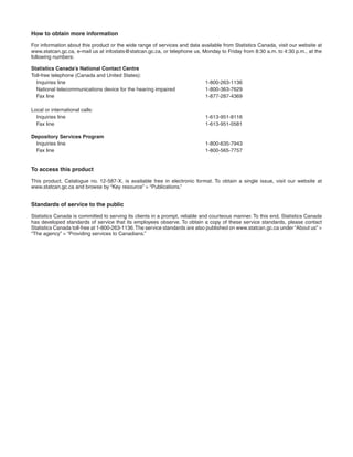 How to obtain more information
For information about this product or the wide range of services and data available from Statistics Canada, visit our website at
www.statcan.gc.ca, e-mail us at infostats@statcan.gc.ca, or telephone us, Monday to Friday from 8:30 a.m. to 4:30 p.m., at the
following numbers:
Statistics Canada’s National Contact Centre
Toll-free telephone (Canada and United States):
Inquiries line 1-800-263-1136
National telecommunications device for the hearing impaired 1-800-363-7629
Fax line 1-877-287-4369
Local or international calls:
Inquiries line 1-613-951-8116
Fax line 1-613-951-0581
Depository Services Program
Inquiries line 1-800-635-7943
Fax line 1-800-565-7757
To access this product
This product, Catalogue no. 12-587-X, is available free in electronic format. To obtain a single issue, visit our website at
www.statcan.gc.ca and browse by “Key resource” > “Publications.”
Standards of service to the public
Statistics Canada is committed to serving its clients in a prompt, reliable and courteous manner. To this end, Statistics Canada
has developed standards of service that its employees observe. To obtain a copy of these service standards, please contact
Statistics Canada toll-free at 1-800-263-1136.The service standards are also published on www.statcan.gc.ca under “About us” >
“The agency” > “Providing services to Canadians.”
 