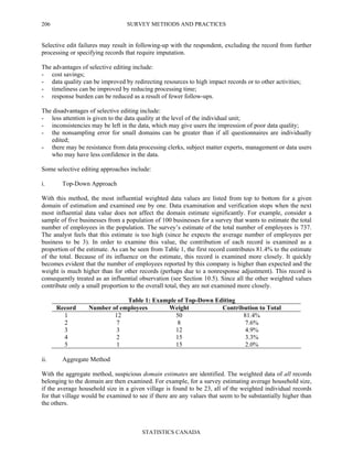 SURVEY METHODS AND PRACTICES
STATISTICS CANADA
206
Selective edit failures may result in following-up with the respondent, excluding the record from further
processing or specifying records that require imputation.
The advantages of selective editing include:
- cost savings;
- data quality can be improved by redirecting resources to high impact records or to other activities;
- timeliness can be improved by reducing processing time;
- response burden can be reduced as a result of fewer follow-ups.
The disadvantages of selective editing include:
- less attention is given to the data quality at the level of the individual unit;
- inconsistencies may be left in the data, which may give users the impression of poor data quality;
- the nonsampling error for small domains can be greater than if all questionnaires are individually
edited;
- there may be resistance from data processing clerks, subject matter experts, management or data users
who may have less confidence in the data.
Some selective editing approaches include:
i. Top-Down Approach
With this method, the most influential weighted data values are listed from top to bottom for a given
domain of estimation and examined one by one. Data examination and verification stops when the next
most influential data value does not affect the domain estimate significantly. For example, consider a
sample of five businesses from a population of 100 businesses for a survey that wants to estimate the total
number of employees in the population. The survey’s estimate of the total number of employees is 737.
The analyst feels that this estimate is too high (since he expects the average number of employees per
business to be 3). In order to examine this value, the contribution of each record is examined as a
proportion of the estimate. As can be seen from Table 1, the first record contributes 81.4% to the estimate
of the total. Because of its influence on the estimate, this record is examined more closely. It quickly
becomes evident that the number of employees reported by this company is higher than expected and the
weight is much higher than for other records (perhaps due to a nonresponse adjustment). This record is
consequently treated as an influential observation (see Section 10.5). Since all the other weighted values
contribute only a small proportion to the overall total, they are not examined more closely.
Table 1: Example of Top-Down Editing
Record Number of employees Weight Contribution to Total
1 12 50 81.4%
2 7 8 7.6%
3 3 12 4.9%
4 2 15 3.3%
5 1 15 2.0%
ii. Aggregate Method
With the aggregate method, suspicious domain estimates are identified. The weighted data of all records
belonging to the domain are then examined. For example, for a survey estimating average household size,
if the average household size in a given village is found to be 23, all of the weighted individual records
for that village would be examined to see if there are any values that seem to be substantially higher than
the others.
 