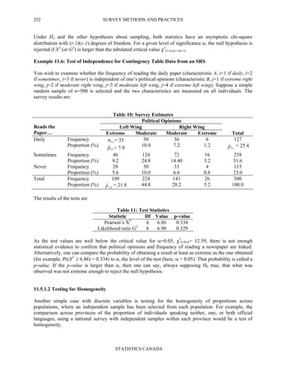 SURVEY METHODS AND PRACTICES
STATISTICS CANADA
252
Under Ho and the other hypotheses about sampling, both statistics have an asymptotic chi-square
distribution with (r-1)(c-1) degrees of freedom. For a given level of significance α, the null hypothesis is
rejected if X2
(or G2
) is larger than the tabulated critical value χ2
(1-α);(r-1)(c-1).
Example 11.6: Test of Independence for Contingency Table Data from an SRS
You wish to examine whether the frequency of reading the daily paper (characteristic A, i=1 if daily, i=2
if sometimes, i=3 if never) is independent of one’s political opinions (characteristic B, j=1 if extreme right
wing, j=2 if moderate right wing, j=3 if moderate left wing, j=4 if extreme left wing). Suppose a simple
random sample of n=500 is selected and the two characteristics are measured on all individuals. The
survey results are:
Table 10: Survey Estimates
Political Opinions
Left Wing Right WingReads the
Paper… Extreme Moderate Moderate Extreme Total
Daily Frequency
Proportion (%)
11n = 35
11ˆp = 7.0
50
10.0
36
7.2
6
1.2
127
+1ˆp = 25.4
Sometimes Frequency
Proportion (%)
46
9.2
124
24.8
72
14.40
16
3.2
258
51.6
Never Frequency
Proportion (%)
28
5.6
50
10.0
33
6.6
4
0.8
115
23.0
Total Frequency
Proportion (%)
109
1ˆ +p = 21.8
224
44.8
141
28.2
26
5.2
500
100.0
The results of the tests are
Table 11: Test Statistics
Statistic Df Value p-value
Pearson’s X2
6 6.86 0.334
Likelihood ratio G2
6 6.90 0.329
As the test values are well below the critical value for α=0.05, χ2
0.95;6= 12.59, there is not enough
statistical evidence to confirm that political opinions and frequency of reading a newspaper are linked.
Alternatively, one can compare the probability of obtaining a result at least as extreme as the one obtained
(for example, Pr(X2
≥ 6.86) = 0.334) to α, the level of the test (here, α = 0.05). That probability is called a
p-value. If the p-value is larger than α, then one can say, always supposing H0 true, that what was
observed was not extreme enough to reject the null hypothesis.
11.5.1.2 Testing for Homogeneity
Another simple case with discrete variables is testing for the homogeneity of proportions across
populations, where an independent sample has been selected from each population. For example, the
comparison across provinces of the proportion of individuals speaking neither, one, or both official
languages, using a national survey with independent samples within each province would be a test of
homogeneity.
 