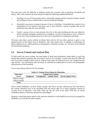 CASE STUDY
STATISTICS CANADA
333
The team also notes the difficulty in defining certain key concepts such as dwelling, household and
family. After some research, the team decides to adopt the following standard definitions:
v. Dwelling: any set of living quarters that is structurally separate and has a private entrance outside
the building or from a common hall or stairway inside the building.
vi. Household: any person or group of persons living in a dwelling. A household may consist of any
combination of: one person living alone, one or more families, a group of people who are not
related but who share the same dwelling.
vii. Family: a group of two or more persons who live in the same dwelling and who are related by
blood, marriage (including common-law) or adoption. A person living alone or who is related to
no one else in the dwelling where he or she lives is classified as an unattached individual.
The team notes that a survey strictly on labour force activity will not allow analysts to paint a very
detailed picture of the labour force in Belleterre. The team realises that, in addition to information on
labour market activity, additional data on demographics, education, income, etc. will have to be collected
for classification purposes.
2.4 Survey Content and Analysis Plan
To help clarify the survey content, the team begins to draft some preliminary output tables, at each step
asking what analytic questions they may help to answer. For example, it seems clear that the GHS will
have to be able to produce tables such as ‘Labour Force Status by Education level’ and ‘Employment by
Age and Sex’. So, information must obviously be collected on employment as well as the demographic
characteristics of the household.
You set up a dummy table for the first heading:
Table 2.1: Labour Force Status by Education
Labour Force StatusEducation
Level Employed Unemployed Labour Force Not in Labour Force
Below average
Above average
Total
This is clearly inadequate. As far as ‘below average’ and ‘above average’ education go, does this refer to
the average education level to be calculated from the survey data, or to some exogenous concept of
‘average level of education’. And what values go into the cells of the table? Will they be counts
(estimated numbers of persons), proportions, percentages?
Keeping in mind that greater detail in the questions (therefore on the datafile) can always be grouped for
tabulation, you consider the other extreme:
 