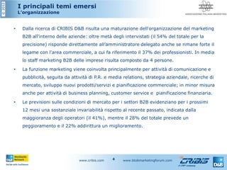 ©2012
I principali temi emersi
L’organizzazione
• Dalla ricerca di CRIBIS D&B risulta una maturazione dell'organizzazione del marketing
B2B all’interno delle aziende: oltre metà degli intervistati (il 54% del totale per la
precisione) risponde direttamente all’amministratore delegato anche se rimane forte il
legame con l'area commerciale, a cui fa riferimento il 37% dei professionisti. In media
lo staff marketing B2B delle imprese risulta composto da 4 persone.
• La funzione marketing viene coinvolta principalmente per attività di comunicazione e
pubblicità, seguita da attività di P.R. e media relations, strategia aziendale, ricerche di
mercato, sviluppo nuovi prodotti/servizi e pianificazione commerciale; in minor misura
anche per attività di business planning, customer service e pianificazione finanziaria.
• Le previsioni sulle condizioni di mercato per i settori B2B evidenziano per i prossimi
12 mesi una sostanziale invariabilità rispetto al recente passato, indicata dalla
maggioranza degli operatori (il 41%), mentre il 28% del totale prevede un
peggioramento e il 22% addirittura un miglioramento.
www.cribis.com www.btobmarketingforum.com4
 