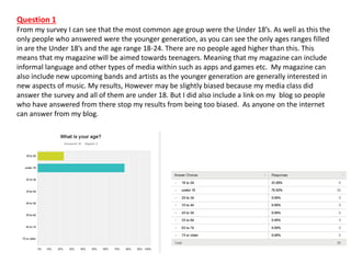 Question 1
From my survey I can see that the most common age group were the Under 18’s. As well as this the
only people who answered were the younger generation, as you can see the only ages ranges filled
in are the Under 18’s and the age range 18-24. There are no people aged higher than this. This
means that my magazine will be aimed towards teenagers. Meaning that my magazine can include
informal language and other types of media within such as apps and games etc. My magazine can
also include new upcoming bands and artists as the younger generation are generally interested in
new aspects of music. My results, However may be slightly biased because my media class did
answer the survey and all of them are under 18. But I did also include a link on my blog so people
who have answered from there stop my results from being too biased. As anyone on the internet
can answer from my blog.
 