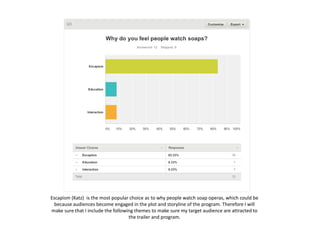 Escapism (Katz) is the most popular choice as to why people watch soap operas, which could be
because audiences become engaged in the plot and storyline of the program. Therefore I will
make sure that I include the following themes to make sure my target audience are attracted to
the trailer and program.
 