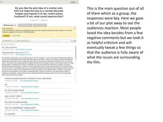 This is the main question out of all
of them which as a group, the
responses were key. Here we gave
a bit of our plot away to see the
audiences reaction. Most people
loved the idea besides from a few
negative comments but we took it
as helpful criticism and will
eventually tweak a few things so
that the audience is fully aware of
what the issues are surrounding
the film.
 