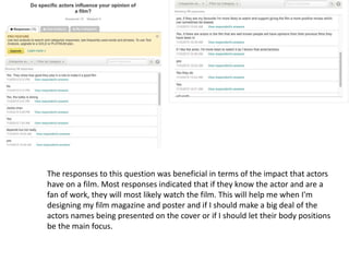 The responses to this question was beneficial in terms of the impact that actors
have on a film. Most responses indicated that if they know the actor and are a
fan of work, they will most likely watch the film. This will help me when I'm
designing my film magazine and poster and if I should make a big deal of the
actors names being presented on the cover or if I should let their body positions
be the main focus.
 