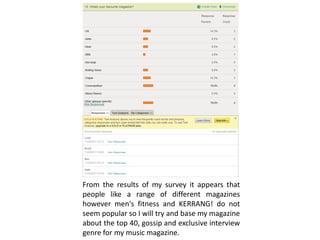 From the results of my survey it appears that
people like a range of different magazines
however men's fitness and KERRANG! do not
seem popular so I will try and base my magazine
about the top 40, gossip and exclusive interview
genre for my music magazine.
 