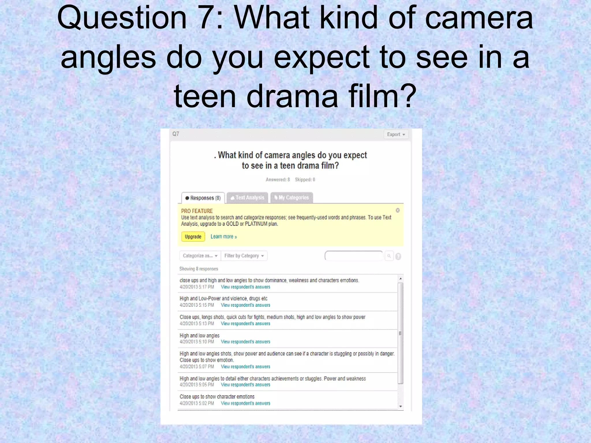 Question 7: What kind of camera
angles do you expect to see in a
teen drama film?