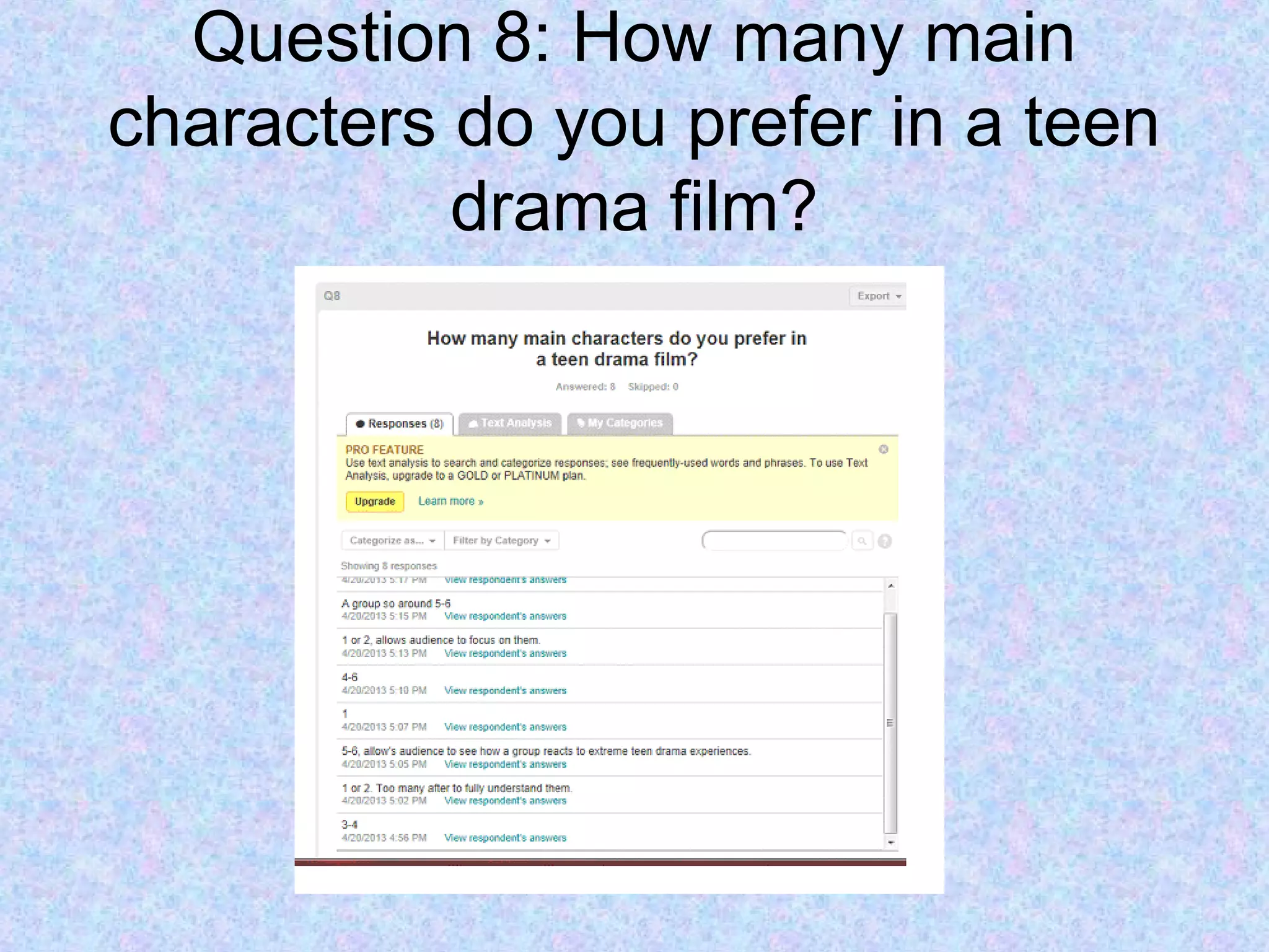 Question 8: How many main
characters do you prefer in a teen
drama film?