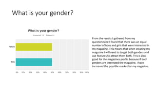 What is your gender?
From the results I gathered from my
questionnaire I found that there was an equal
number of boys and girls that were interested in
my magazine. This means that when creating my
magazine I will need to target both genders and
use features to attract them both. This is also
good for the magazines profits because if both
genders are interested the magazine, I have
increased the possible market for my magazine.
 