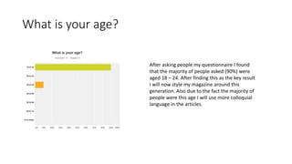 What is your age?
After asking people my questionnaire I found
that the majority of people asked (90%) were
aged 18 – 24. After finding this as the key result
I will now style my magazine around this
generation. Also due to the fact the majority of
people were this age I will use more colloquial
language in the articles.
 