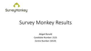 Survey Monkey Results
Abigail Ronald
Candidate Number: 2121
Centre Number: 64135
 