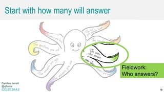 Caroline Jarrett @cjforms (CC) BY SA-4.0 19
Start with how many will answer
19
Caroline Jarrett
@cjforms
(CC) BY SA-4.0
Fieldwork:
Who answers?
 