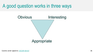 Caroline Jarrett @cjforms (CC) BY SA-4.0 36
A good question works in three ways
36
Appropriate
Obvious Interesting
 