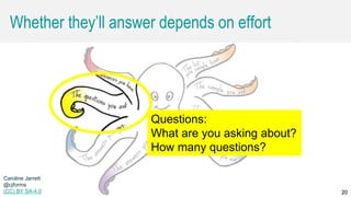 Caroline Jarrett @cjforms (CC) BY SA-4.0 20
Whether they’ll answer depends on effort
20
Questions:
What are you asking about?
How many questions?
Caroline Jarrett
@cjforms
(CC) BY SA-4.0
 