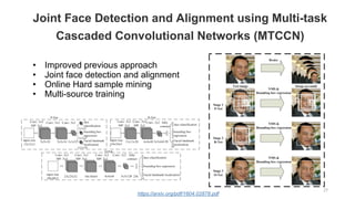 Joint Face Detection and Alignment using Multi-task
Cascaded Convolutional Networks (MTCCN)
• Improved previous approach
• Joint face detection and alignment
• Online Hard sample mining
• Multi-source training
https://arxiv.org/pdf/1604.02878.pdf
27
 