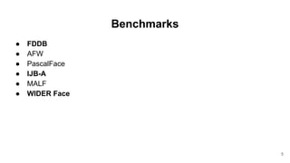 Benchmarks
● FDDB
● AFW
● PascalFace
● IJB-A
● MALF
● WIDER Face
5
 