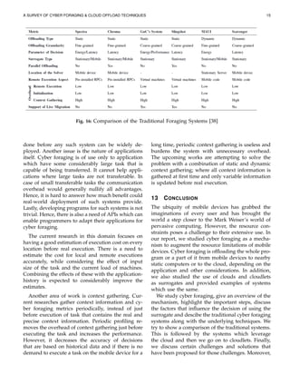 A SURVEY OF CYBER FORAGING & CLOUD OFFLOAD TECHNIQUES 15
Fig. 16: Comparison of the Traditional Foraging Systems [38]
done before any such system can be widely de-
ployed. Another issue is the nature of applications
itself. Cyber foraging is of use only to application
which have some considerably large task that is
capable of being transferred. It cannot help appli-
cations where large tasks are not transferable. In
case of small transferable tasks the communication
overhead would generally nullify all advantages.
Hence, it is hard to answer how much beneﬁt could
real-world deployment of such systems provide.
Lastly, developing programs for such systems is not
trivial. Hence, there is also a need of APIs which can
enable programmers to adapt their applications for
cyber foraging.
The current research in this domain focuses on
having a good estimation of execution cost on every
location before real execution. There is a need to
estimate the cost for local and remote executions
accurately, while considering the effect of input
size of the task and the current load of machines.
Combining the effects of these with the application-
history is expected to considerably improve the
estimates.
Another area of work is context gathering. Cur-
rent researches gather context information and cy-
ber foraging metrics periodically, instead of just
before execution of task that contains the real and
precise context information. Periodic proﬁling re-
moves the overhead of context gathering just before
executing the task and increases the performance.
However, it decreases the accuracy of decisions
that are based on historical data and if there is no
demand to execute a task on the mobile device for a
long time, periodic context gathering is useless and
burdens the system with unnecessary overhead.
The upcoming works are attempting to solve the
problem with a combination of static and dynamic
context gathering; where all context information is
gathered at ﬁrst time and only variable information
is updated before real execution.
13 CONCLUSION
The ubiquity of mobile devices has grabbed the
imaginations of every user and has brought the
world a step closer to the Mark Weiser’s world of
pervasive computing. However, the resource con-
straints poses a challenge to their extensive use. In
our report, we studied cyber foraging as a mecha-
nism to augment the resource limitations of mobile
devices. Cyber foraging is ofﬂoading the whole pro-
gram or a part of it from mobile devices to nearby
static computers or to the cloud, depending on the
application and other considerations. In addition,
we also studied the use of clouds and cloudlets
as surrogates and provided examples of systems
which use the same.
We study cyber foraging, give an overview of the
mechanism, highlight the important steps, discuss
the factors that inﬂuence the decision of using the
surrogate and descibe the traditional cyber foraging
systems along with the underlying techniques. We
try to show a comparison of the traditional systems.
This is followed by the systems which leverage
the cloud and then we go on to cloudlets. Finally,
we discuss certain challenges and solutions that
have been proposed for those challenges. Moreover,
 